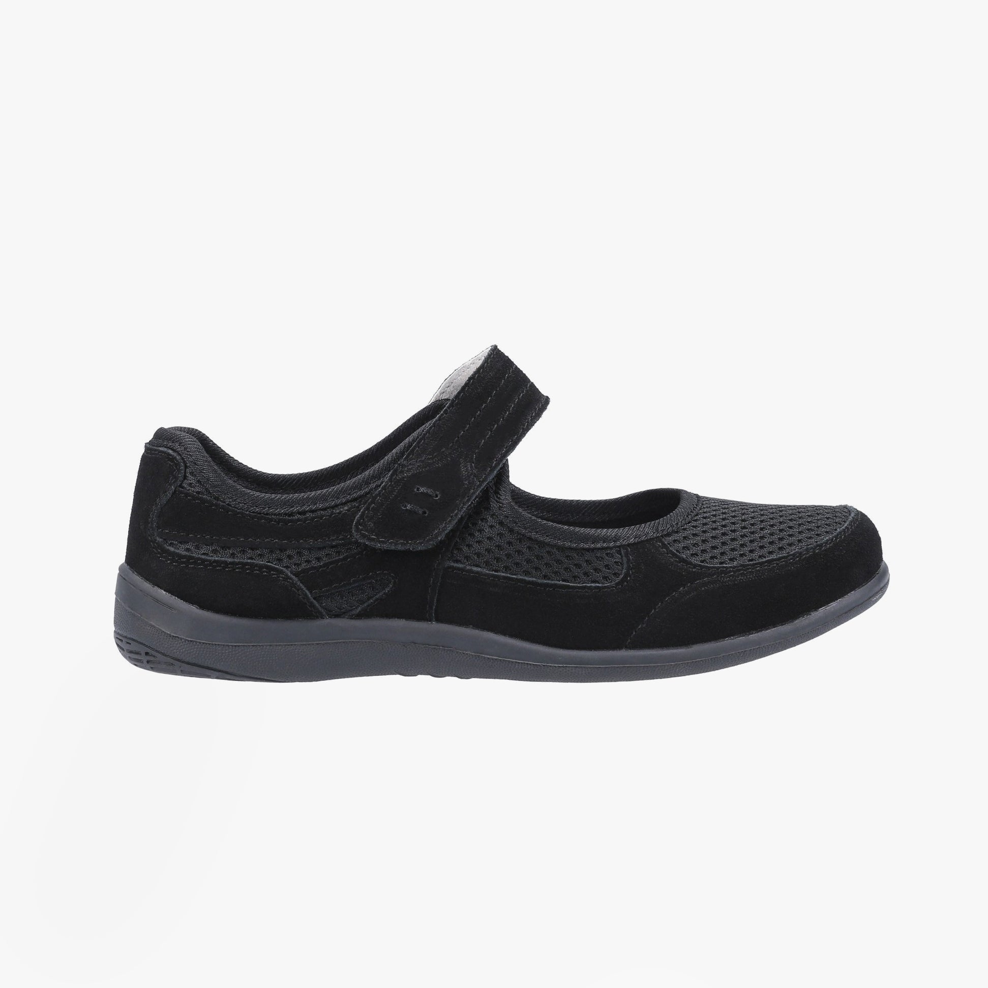 Fleet & Foster MORGAN Womens Shoes Black side view showing suede upper and touch fasten closure.