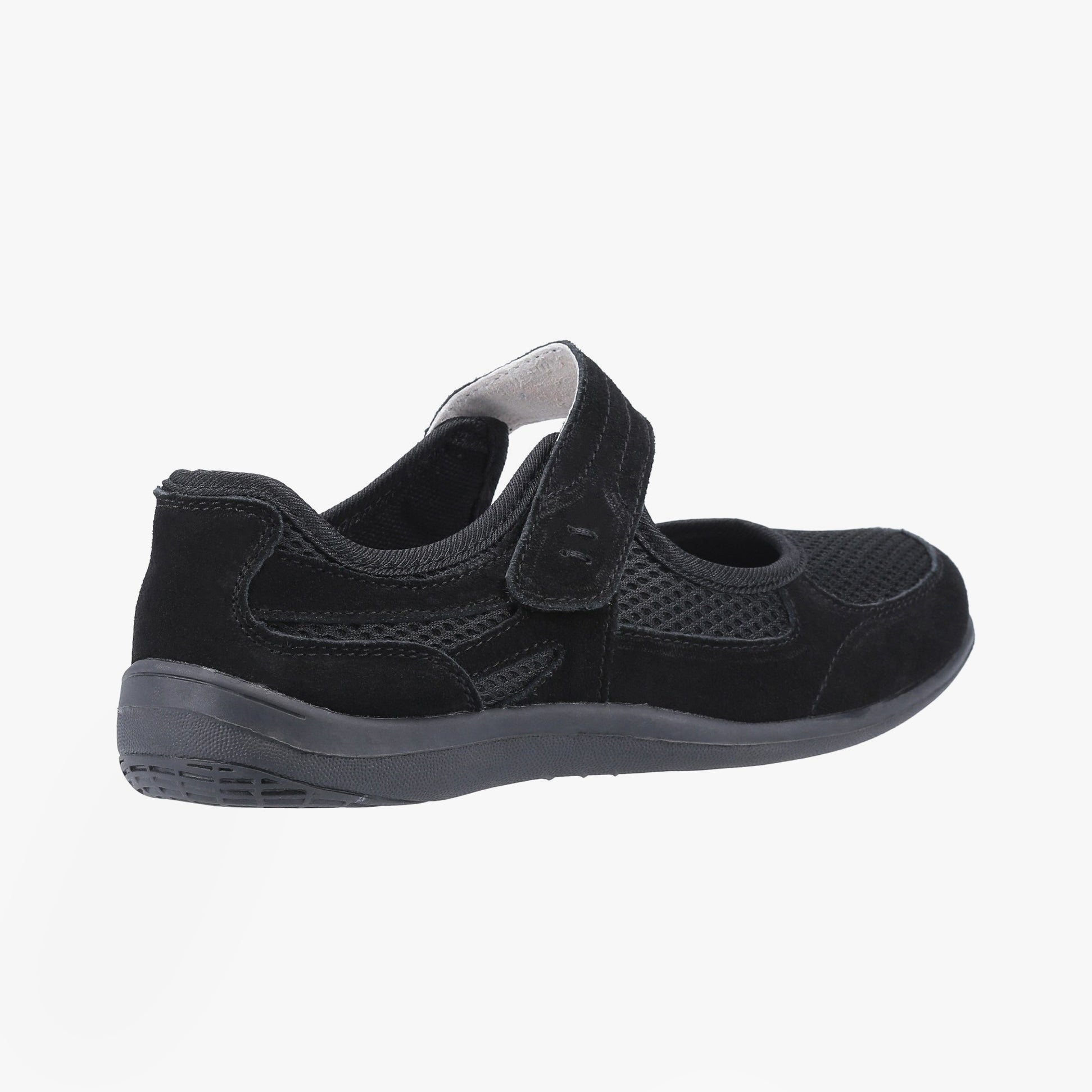 Fleet & Foster MORGAN Womens Shoes Black side view showcasing suede upper and touch fasten closure.
