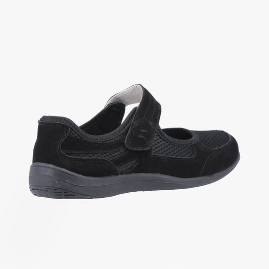 Fleet & Foster MORGAN Womens Shoes Black side view showcasing suede upper and touch fasten closure.
