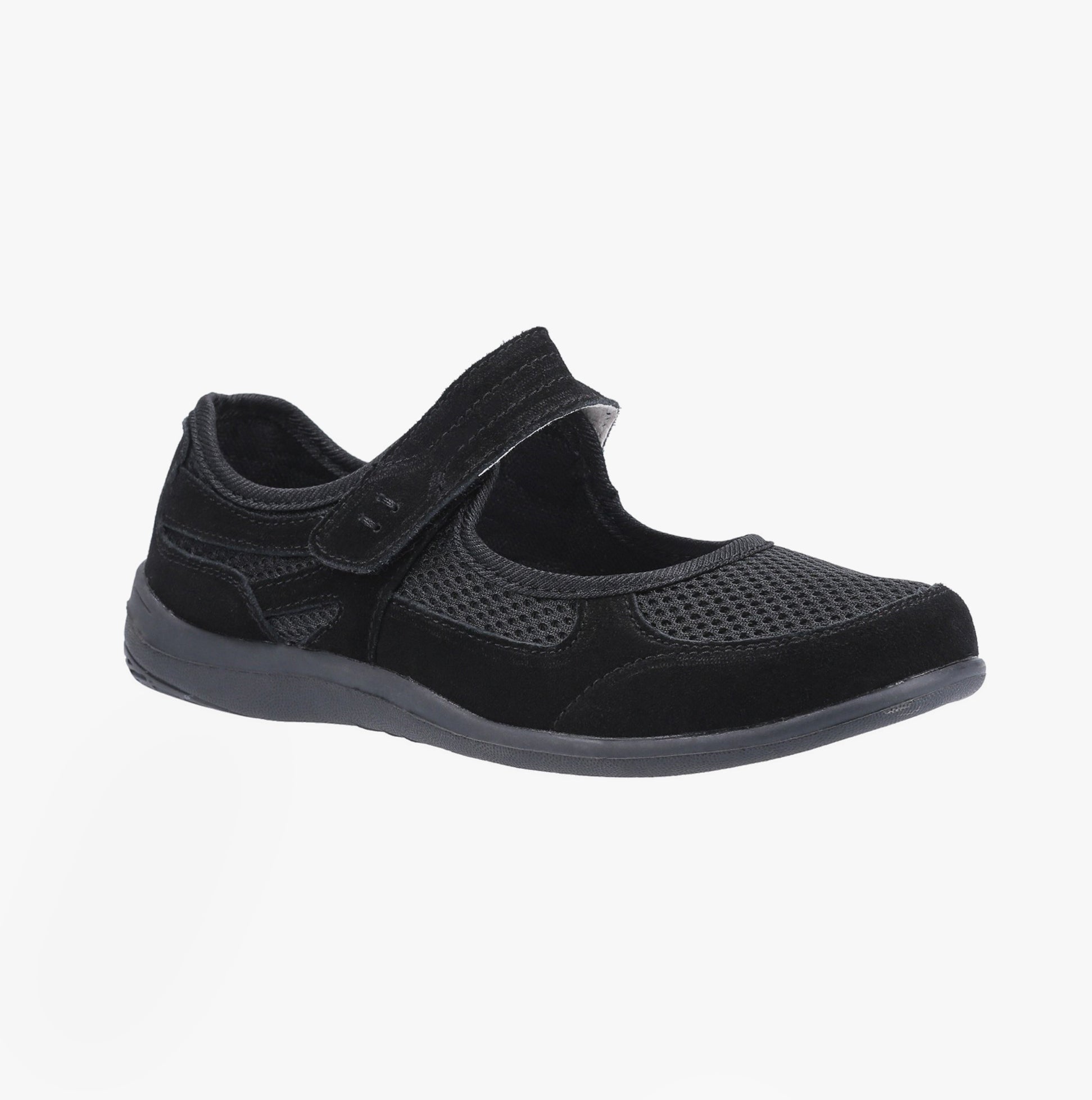 Fleet & Foster MORGAN Womens Shoes Black side view featuring suede and mesh upper, touch fasten closure, and low heel.