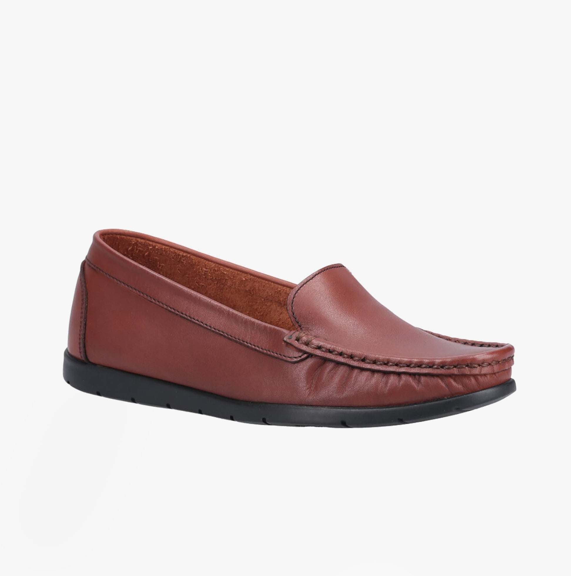 Fleet & Foster TIGGY Womens Shoes Tan side view, leather moccasin style with comfortable slip-on design.