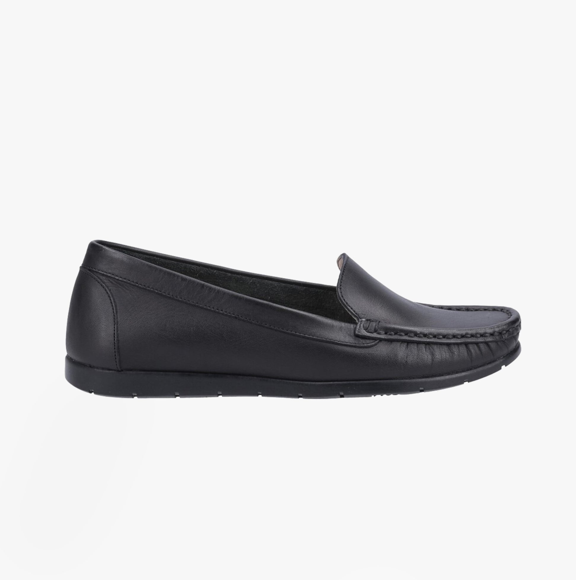 Fleet & Foster TIGGY Womens Shoes Black side view, moccasin style, leather upper, flat rubber sole.