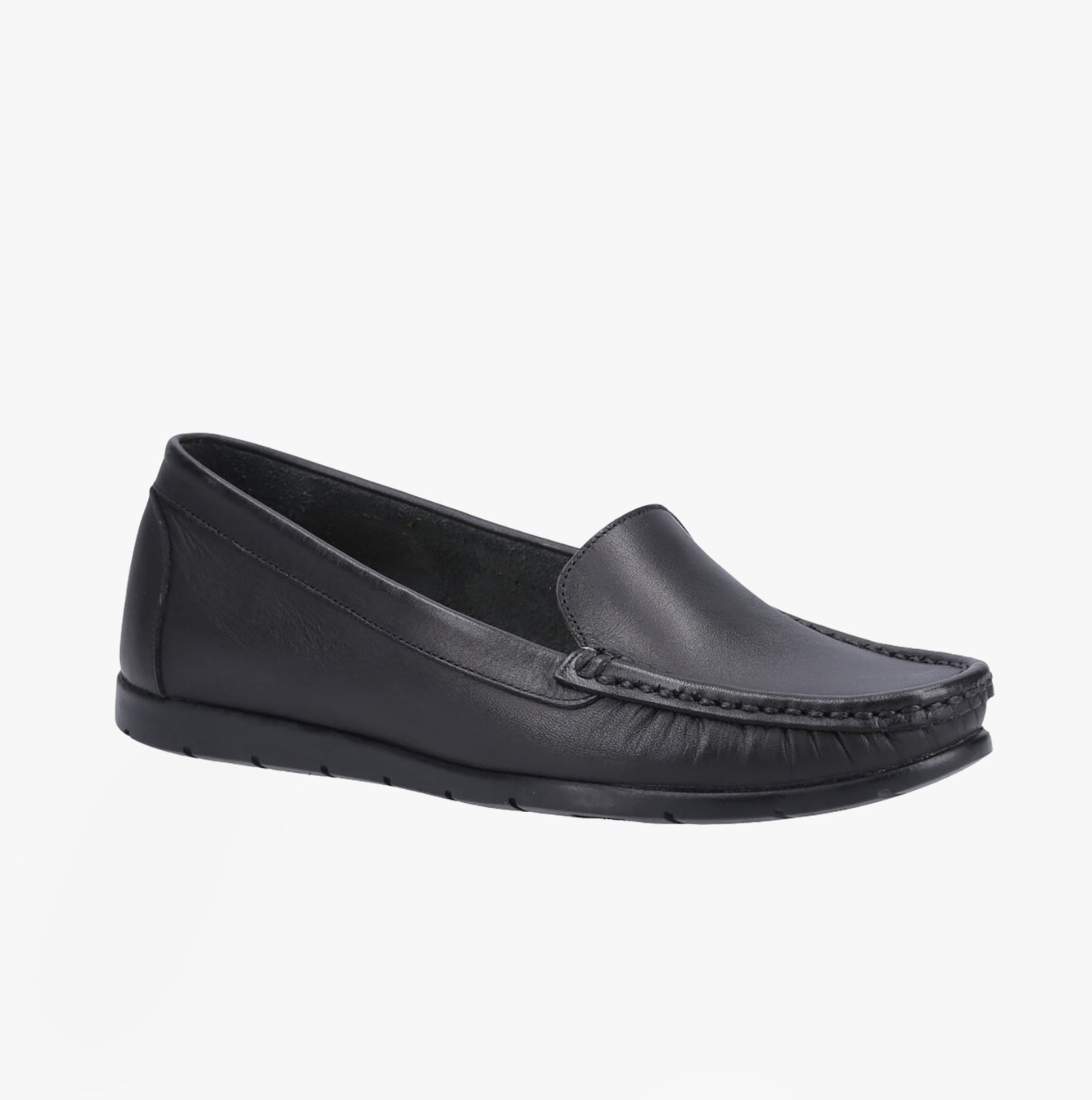 Fleet & Foster TIGGY Womens Shoes Black side view showing the moccasin design and leather upper.