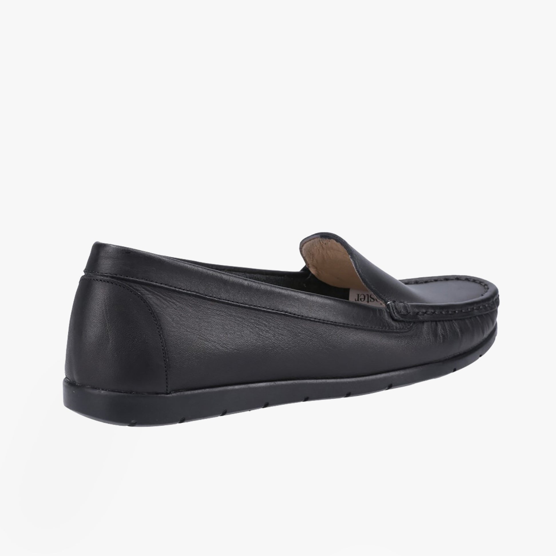 Fleet & Foster TIGGY Womens Shoes Black side view, leather moccasin with slip-on design and rubber sole.