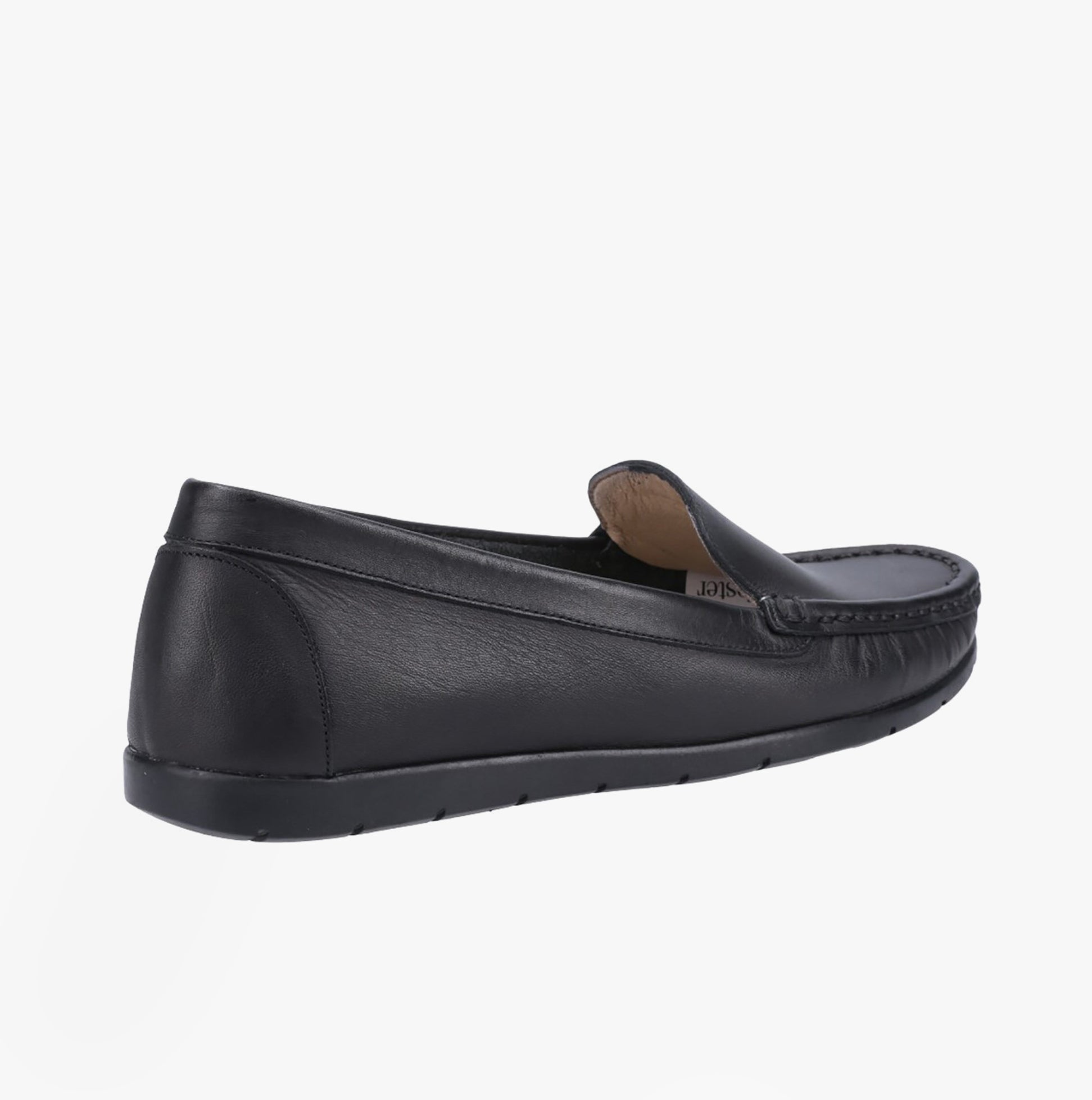 Fleet & Foster TIGGY Womens Shoes Black side view, leather moccasin with slip-on design and rubber sole.