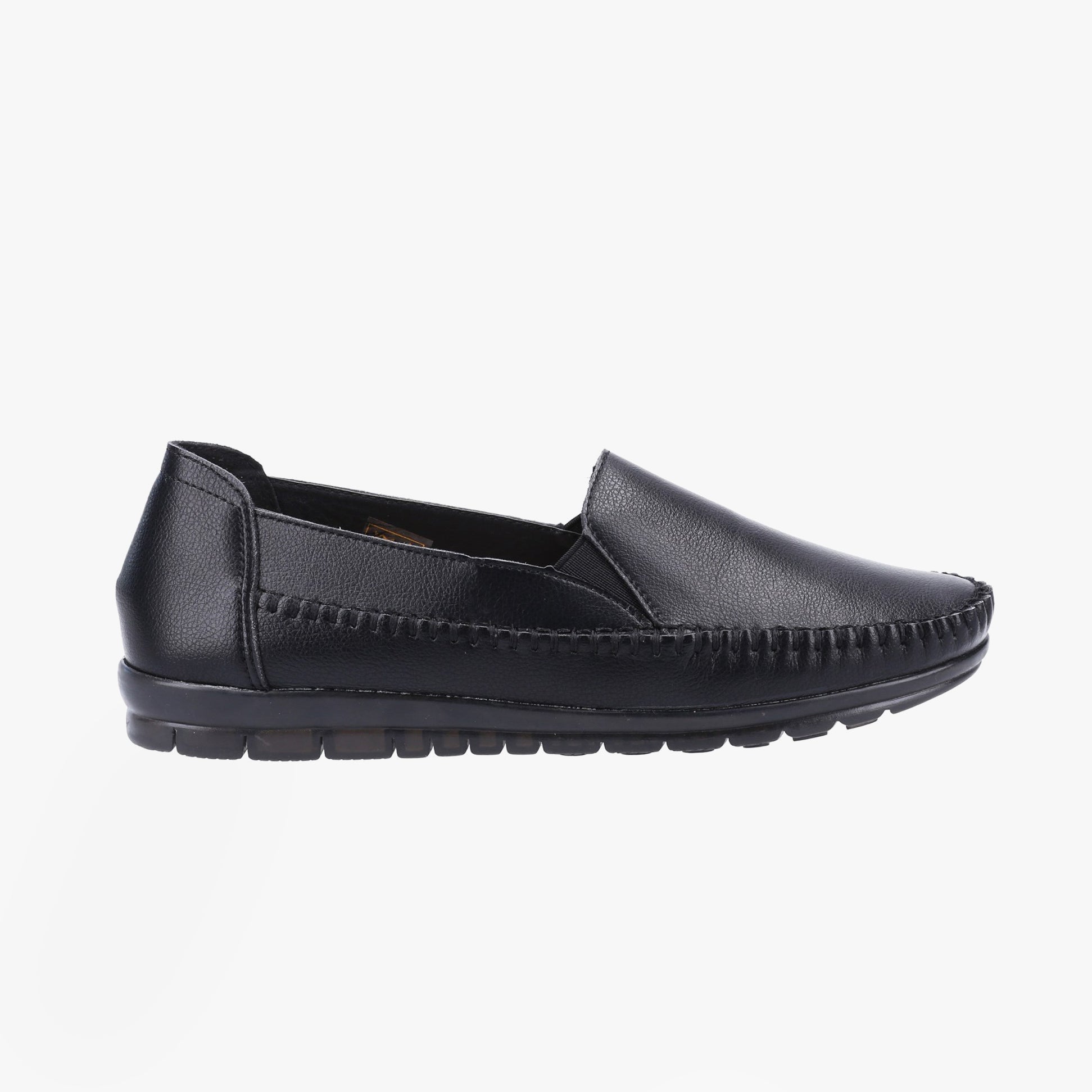 Fleet & Foster SHIRLEY Womens Shoes Black side view, casual leather slip-on, breathable, flat heel.