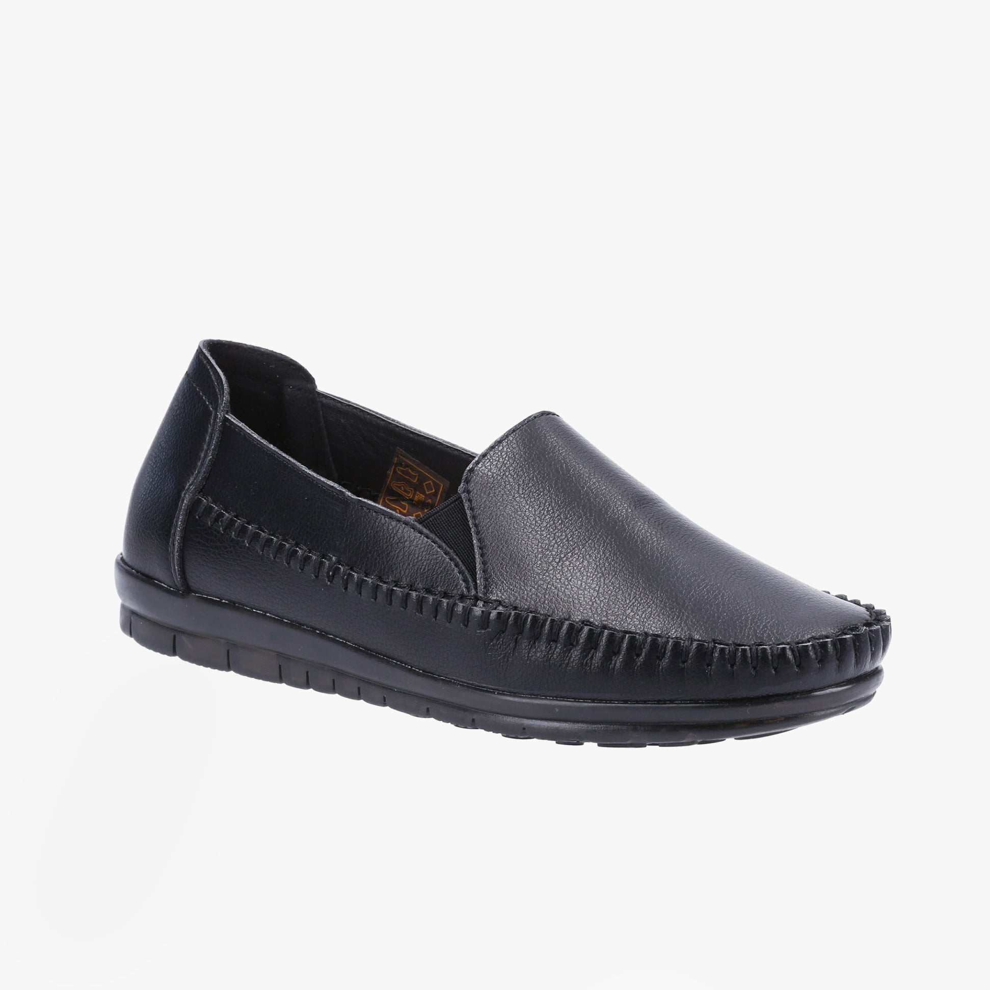 Fleet & Foster SHIRLEY Womens Shoes Black, side view showcasing leather upper and slip-on design.