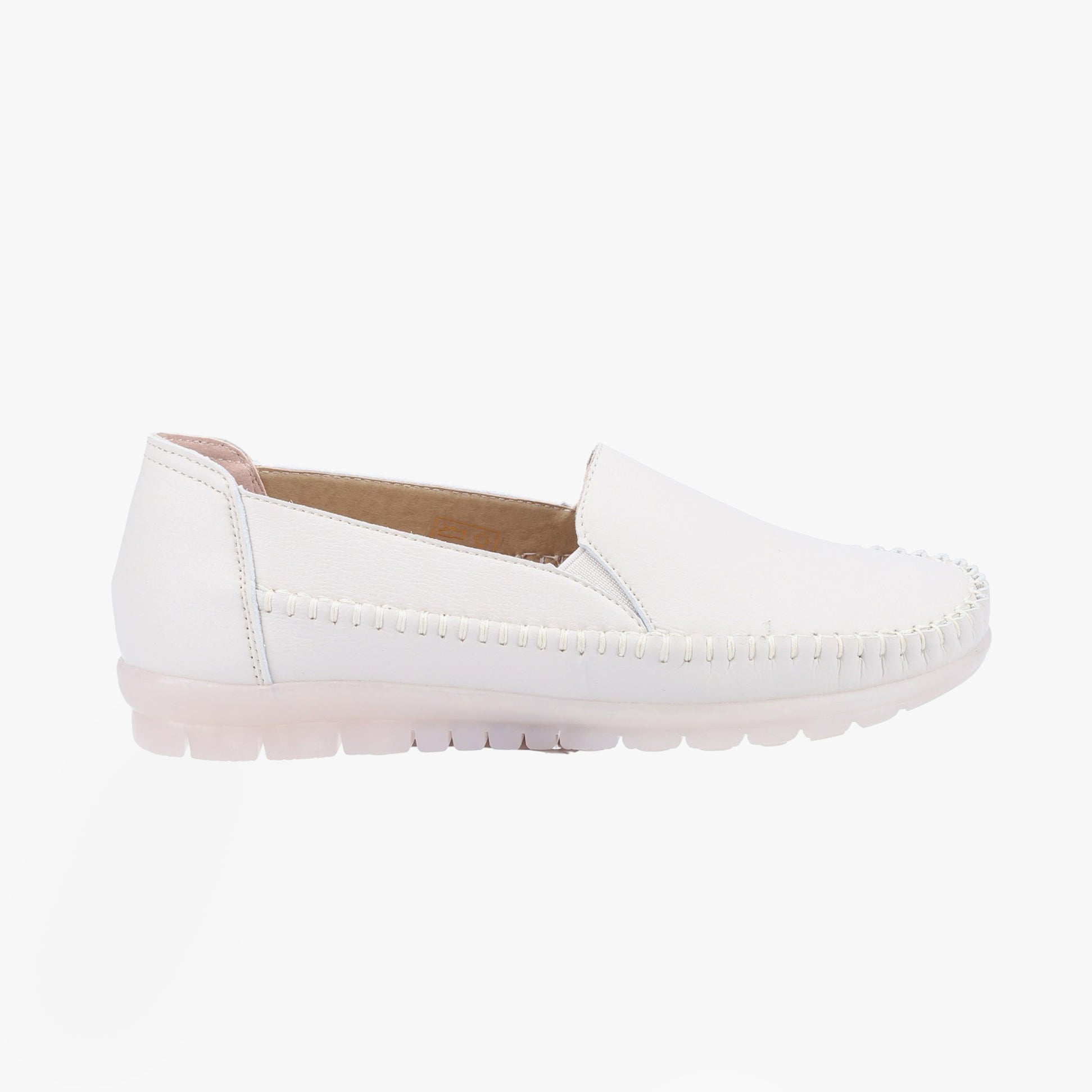 Fleet & Foster SHIRLEY Womens Shoes White side view showing casual leather slip-on style with round toe and flat sole.