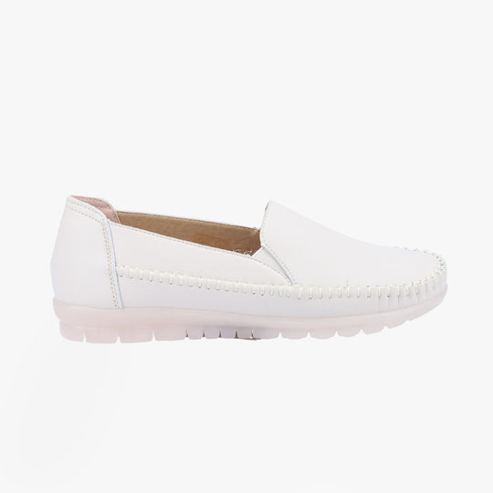 Fleet & Foster SHIRLEY Womens Shoes White side view showing casual leather slip-on style with round toe and flat sole.