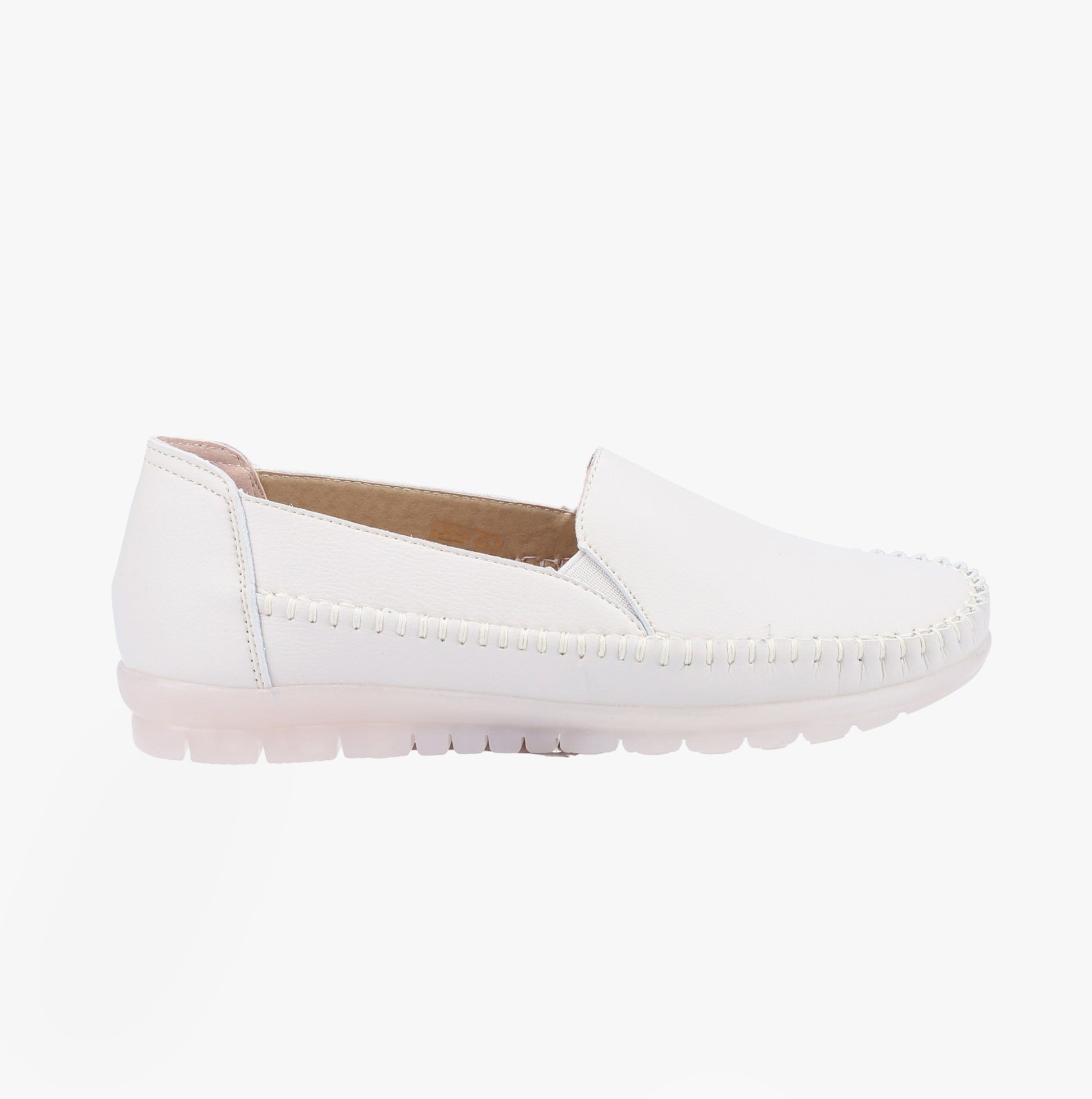 Fleet & Foster SHIRLEY Womens Shoes White side view showing casual leather slip-on style with round toe and flat sole.