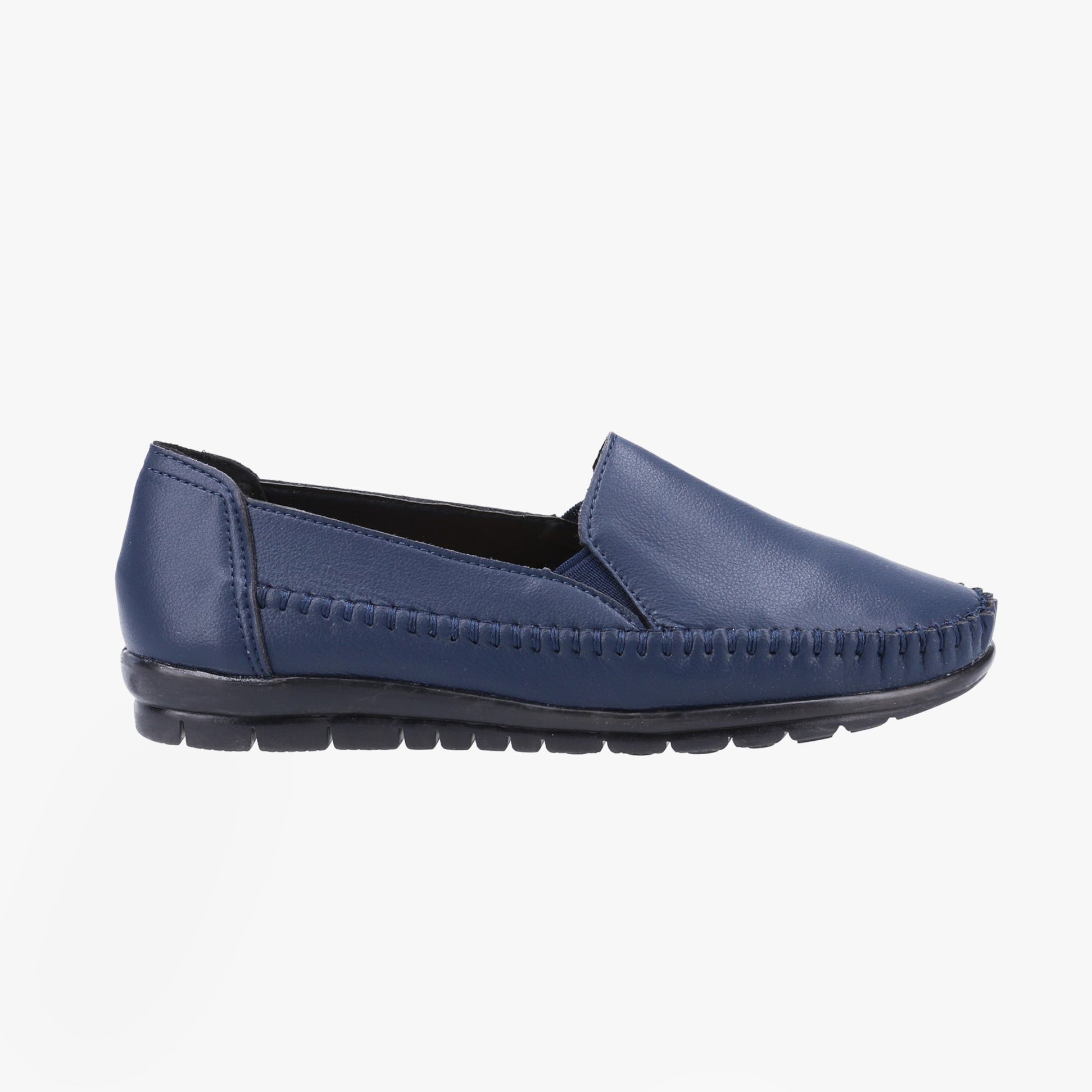 Fleet & Foster SHIRLEY Womens Shoes Navy side view, casual leather slip-on with round toe and flat EVA sole.
