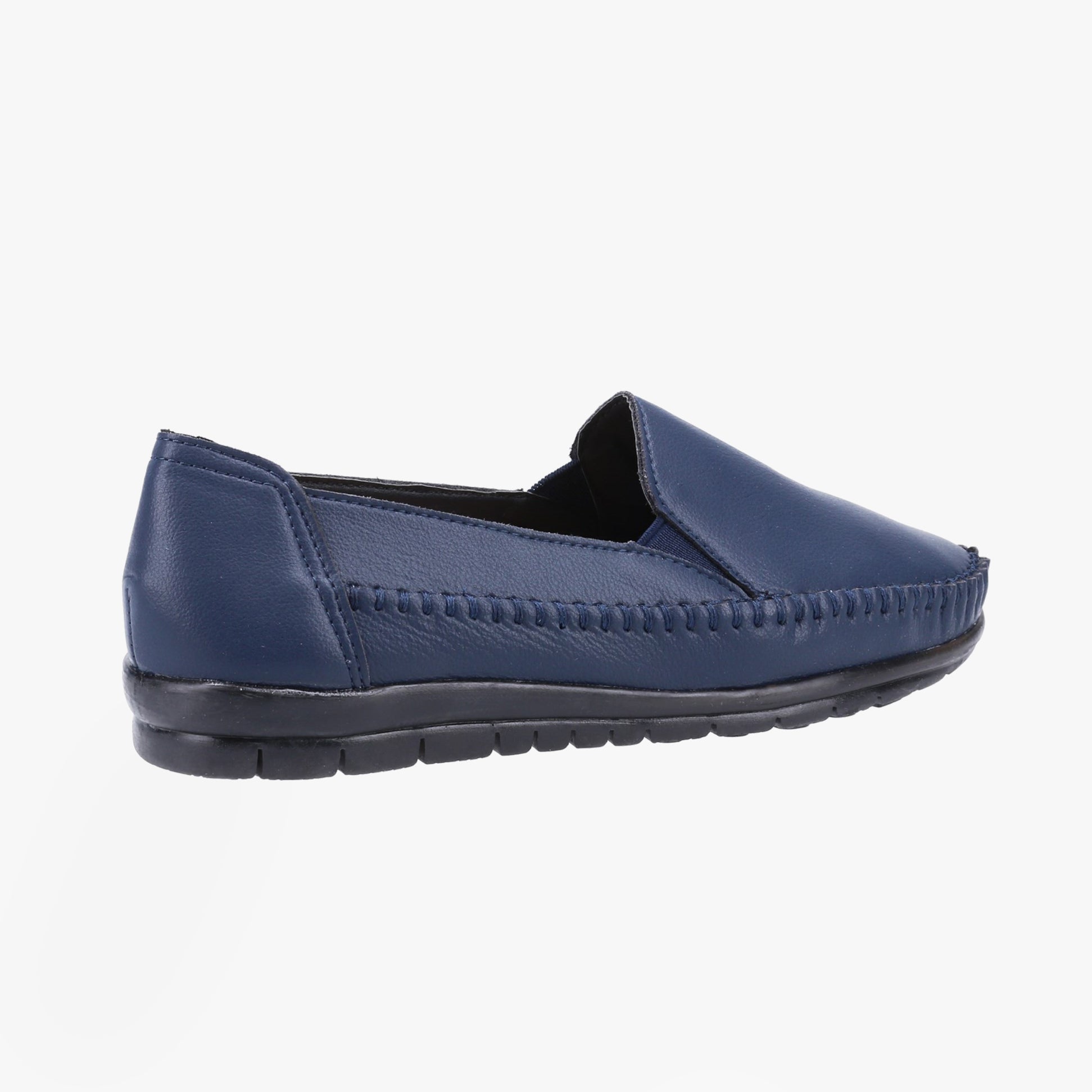 Fleet & Foster SHIRLEY Womens Shoes Navy side view showing casual leather design and slip-on closure.