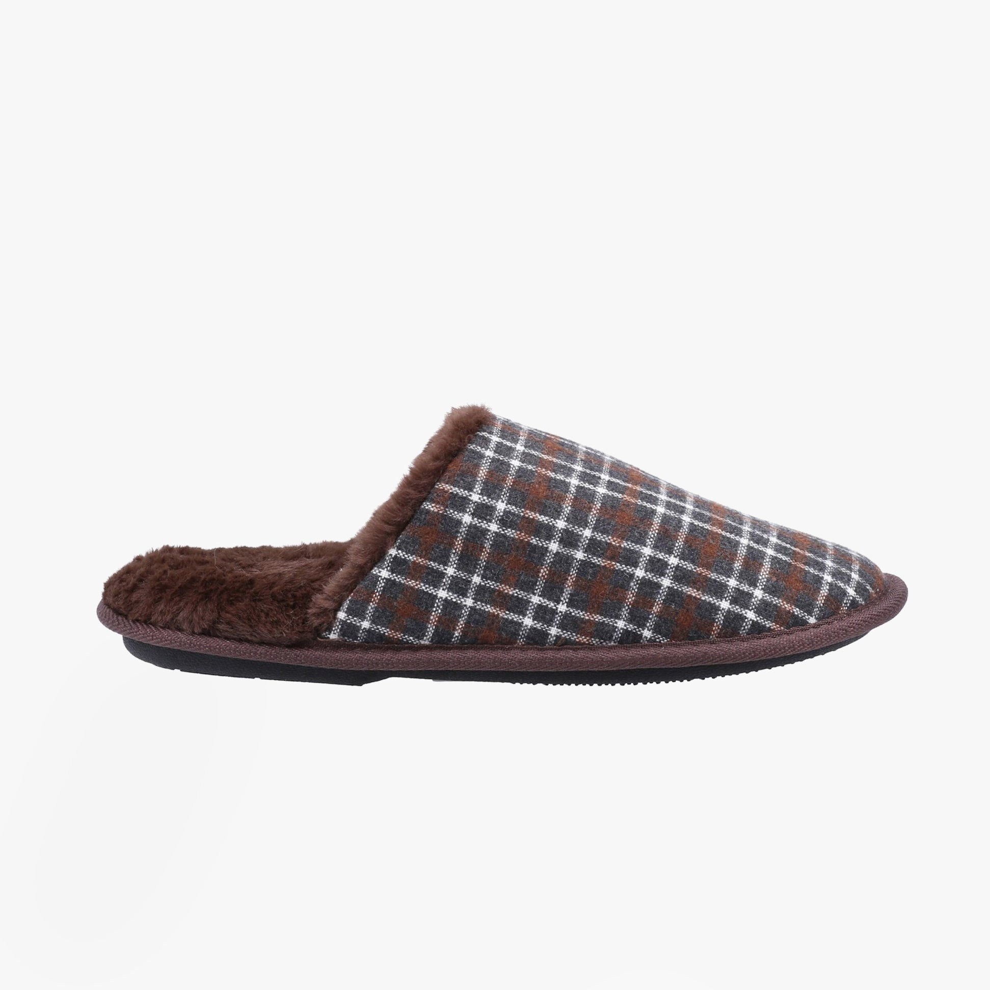 Fleet & Foster RHYS Mens Mule Slippers Brown side view showing slip-on design and warm lining with plaid pattern.