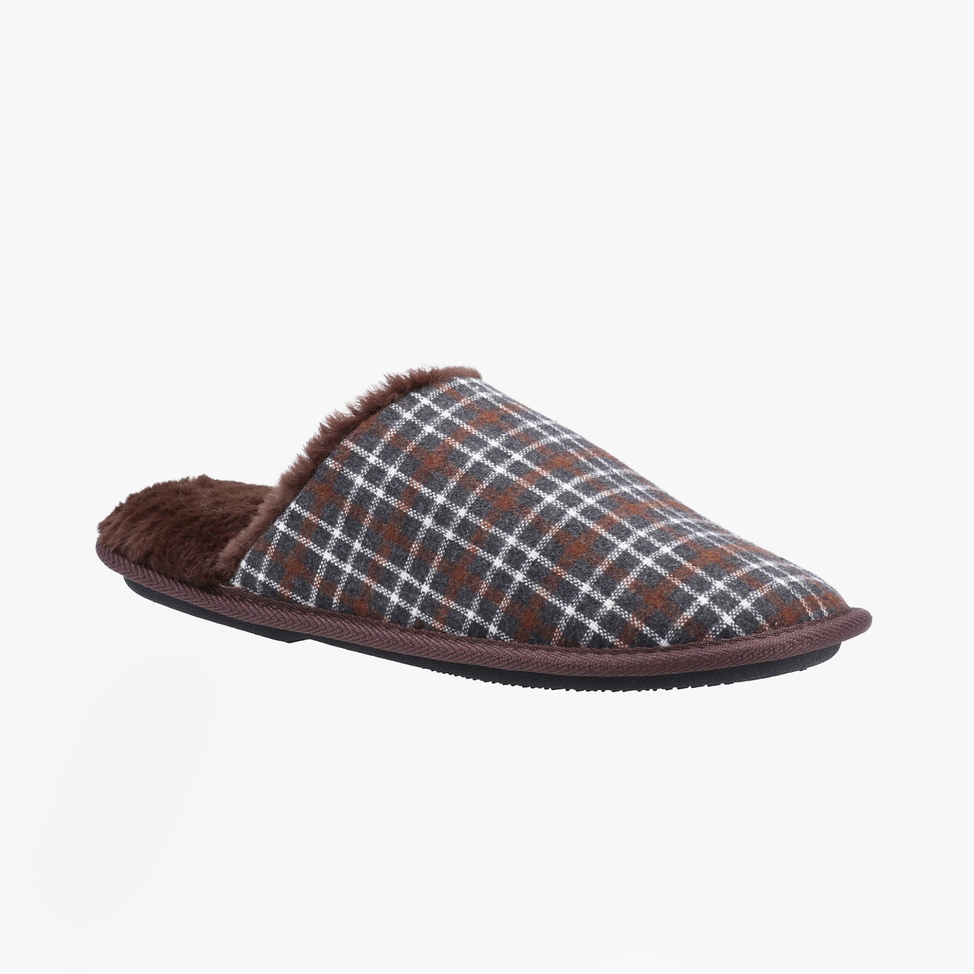 Fleet & Foster RHYS Mens Mule Slippers Brown side view showcasing plaid textile upper and soft lining.