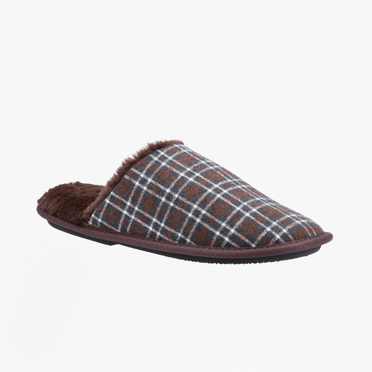 Fleet & Foster RHYS Mens Mule Slippers Brown side view showcasing plaid textile upper and soft lining.