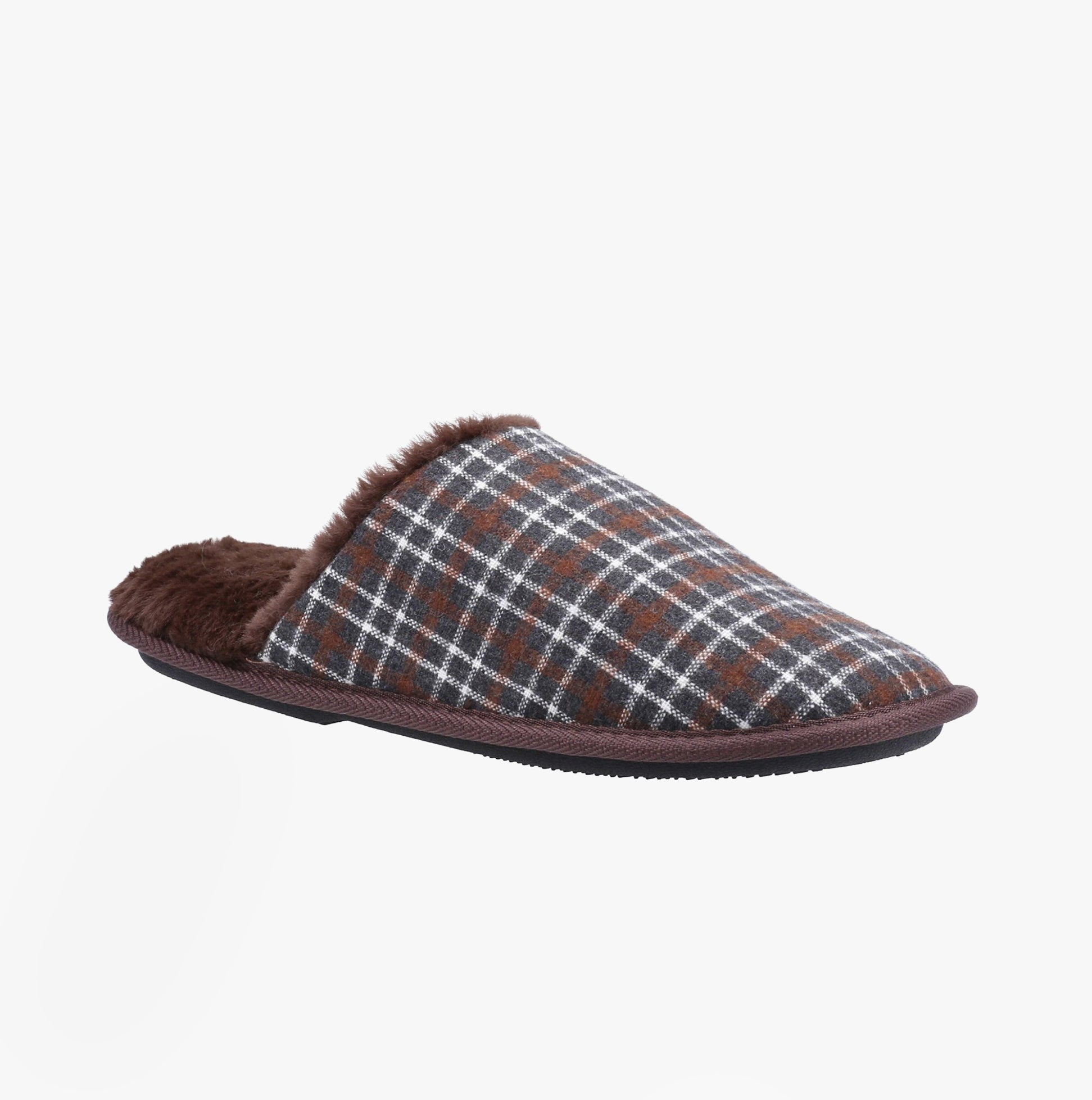 Fleet & Foster RHYS Mens Mule Slippers Brown side view showcasing plaid textile upper and soft lining.