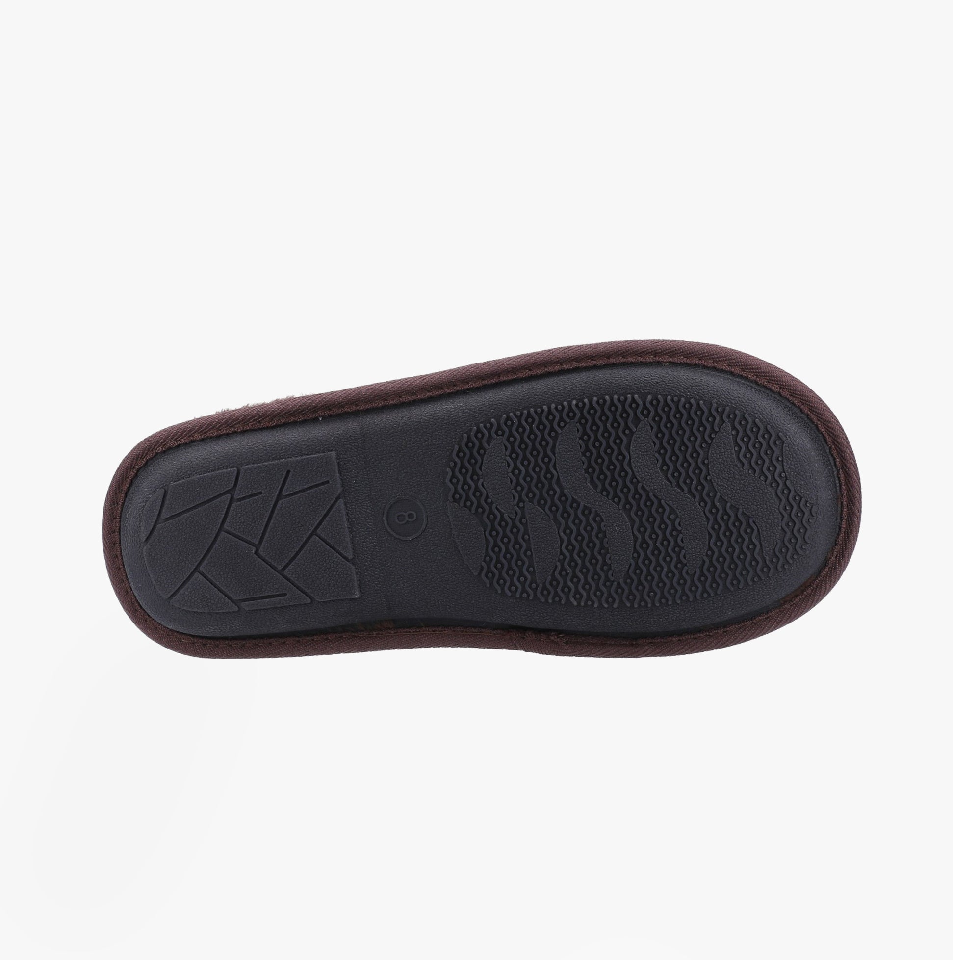 Fleet & Foster RHYS Mens Mule Slippers Brown bottom view featuring rubber sole with grip patterns.