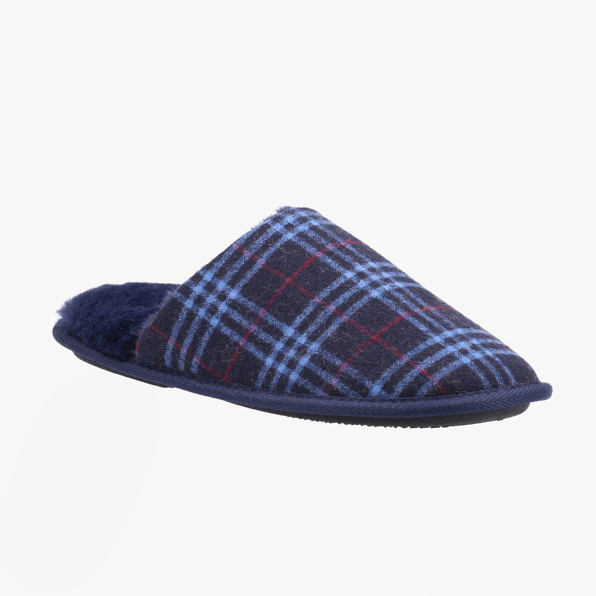Fleet & Foster RHYS Mens Mule Slippers Navy side view with plaid design and warm lining