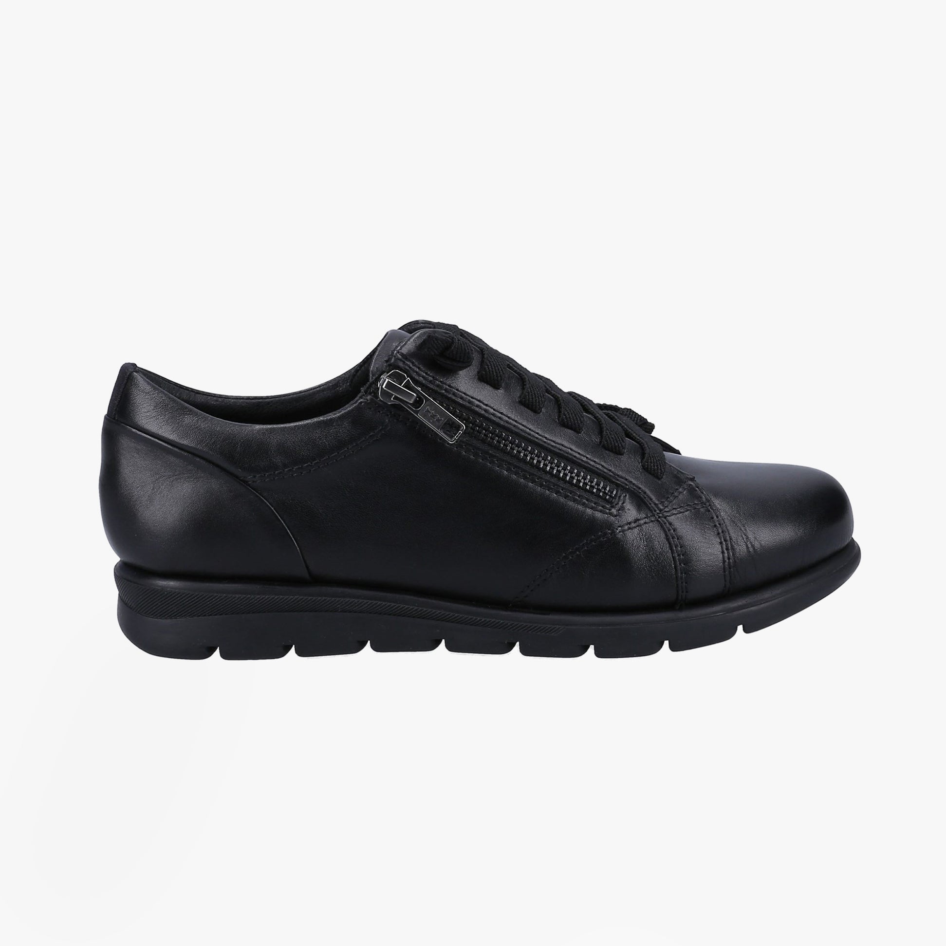 Fleet & Foster POLPERRO Lace Womens Shoes Black side view showcasing leather upper and lace-up closure.