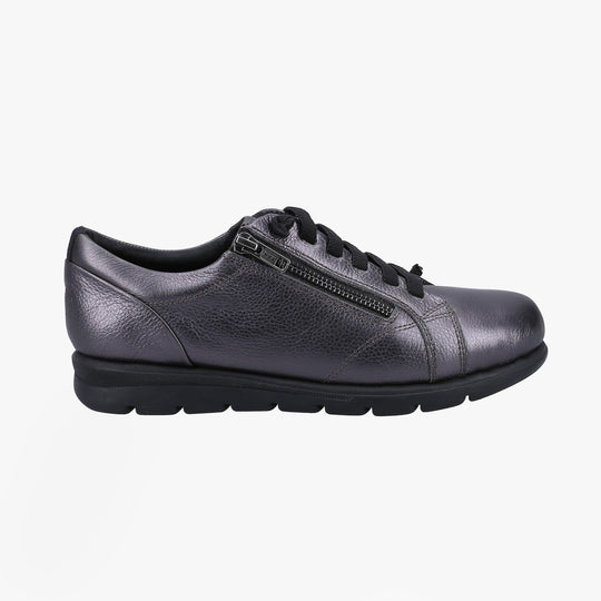 Fleet & Foster POLPERRO Lace Womens Shoes Pewter side view showcasing leather upper and lace-up design.