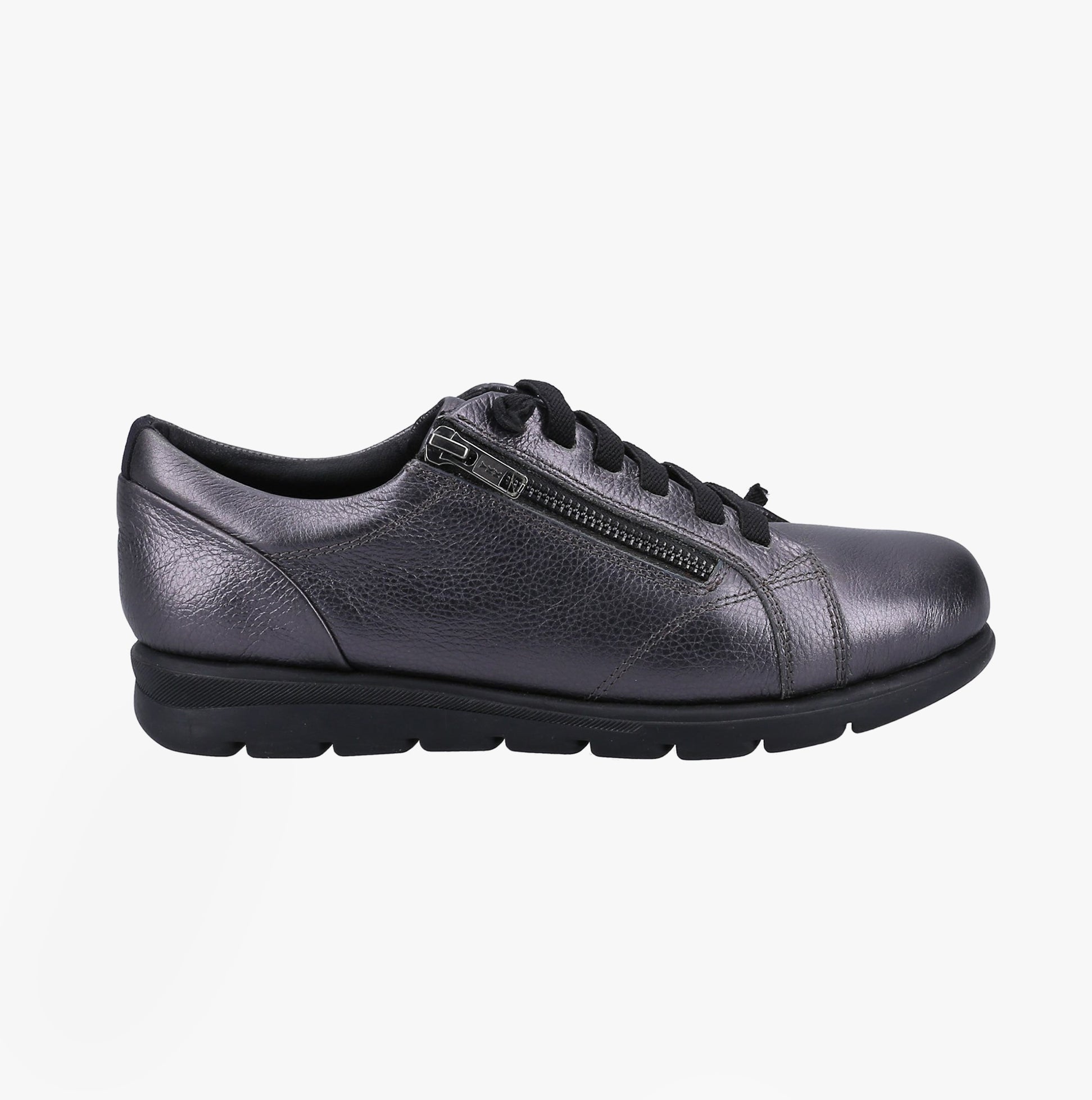 Fleet & Foster POLPERRO Lace Womens Shoes Pewter side view showcasing leather upper and lace-up design.