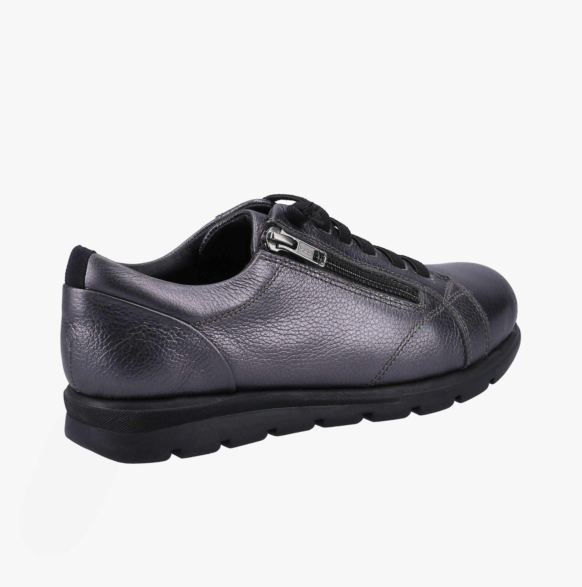 Fleet & Foster POLPERRO Lace Womens Shoes Pewter side view showcasing leather upper and low heel.