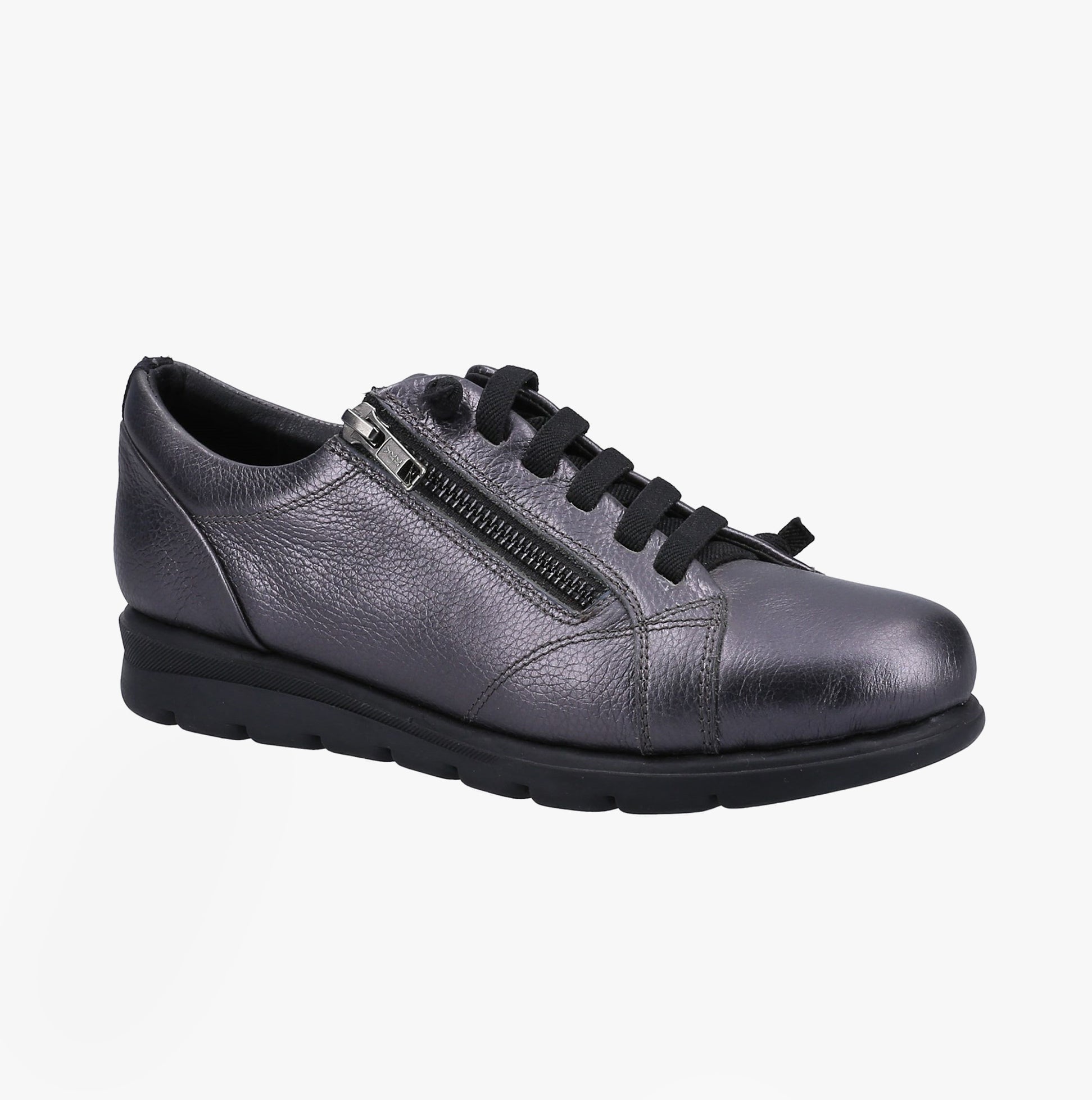 Fleet & Foster POLPERRO Lace Womens Shoes Pewter side view showcasing casual leather style with lace-up fastening and low heel.