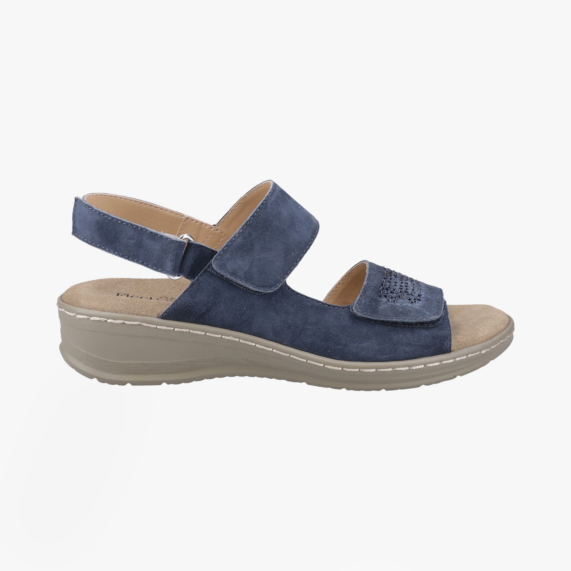 Fleet & Foster BERNICE Womens Sandals Navy side view with leather upper, touch fasten closure, and low heel.