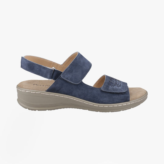 Fleet & Foster BERNICE Womens Sandals Navy side view with leather upper, touch fasten closure, and low heel.