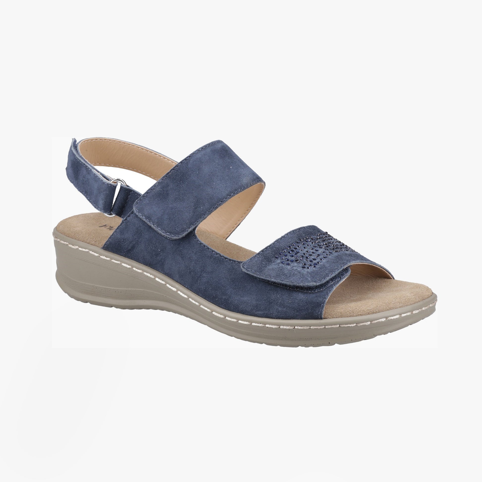 Fleet & Foster BERNICE Womens Sandals Navy side view showcasing leather upper and touch fasten closure.