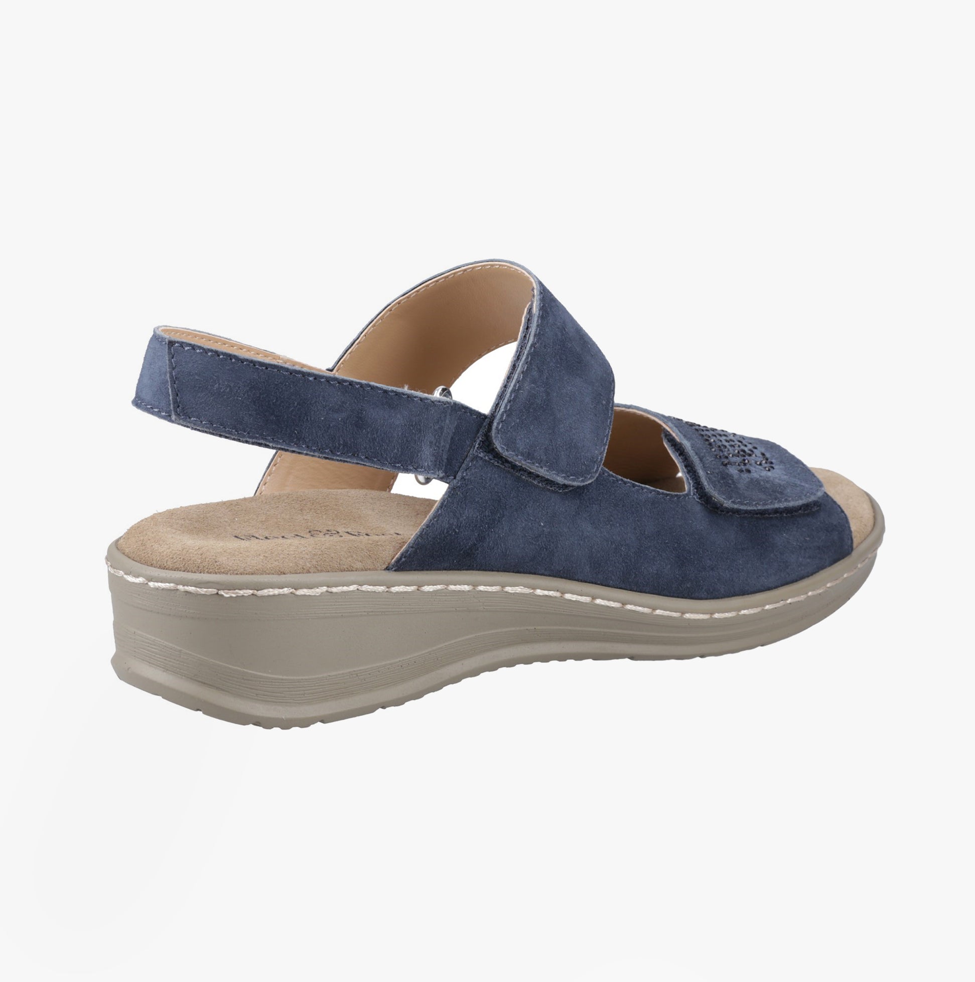 Fleet & Foster BERNICE Womens Sandals Navy side view featuring leather upper, memory foam comfort, and touch fasten closure.