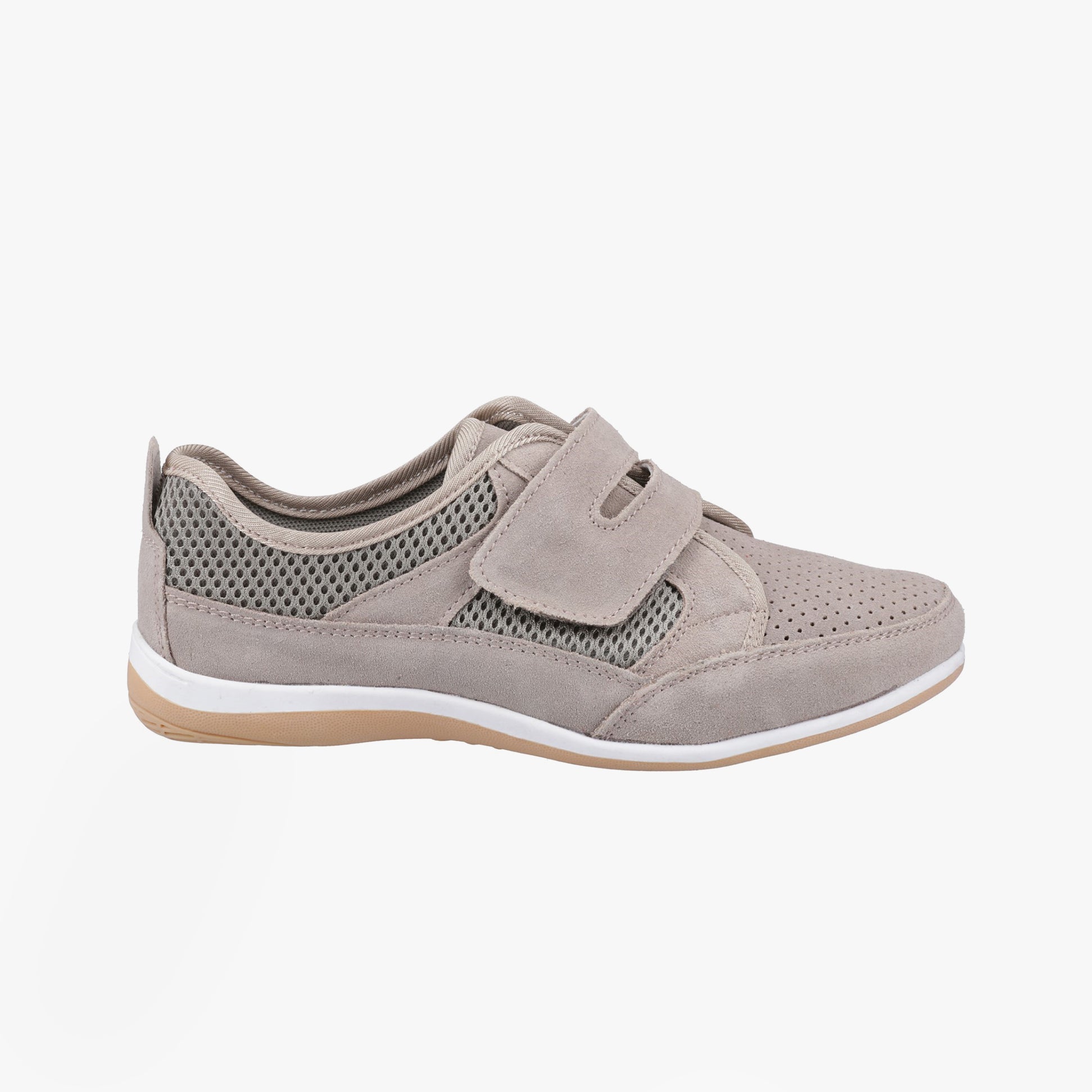Fleet & Foster PAMELA Womens Shoes Taupe side view featuring suede upper, touch fasten closure, and lightweight sole.