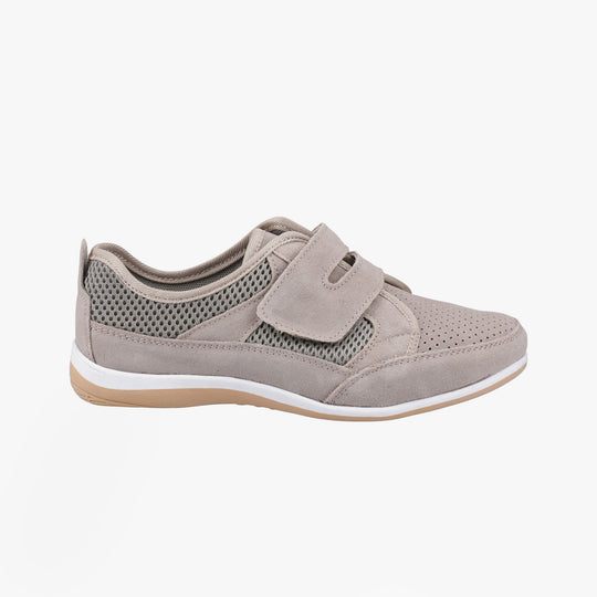 Fleet & Foster PAMELA Womens Shoes Taupe side view featuring suede upper, touch fasten closure, and lightweight sole.