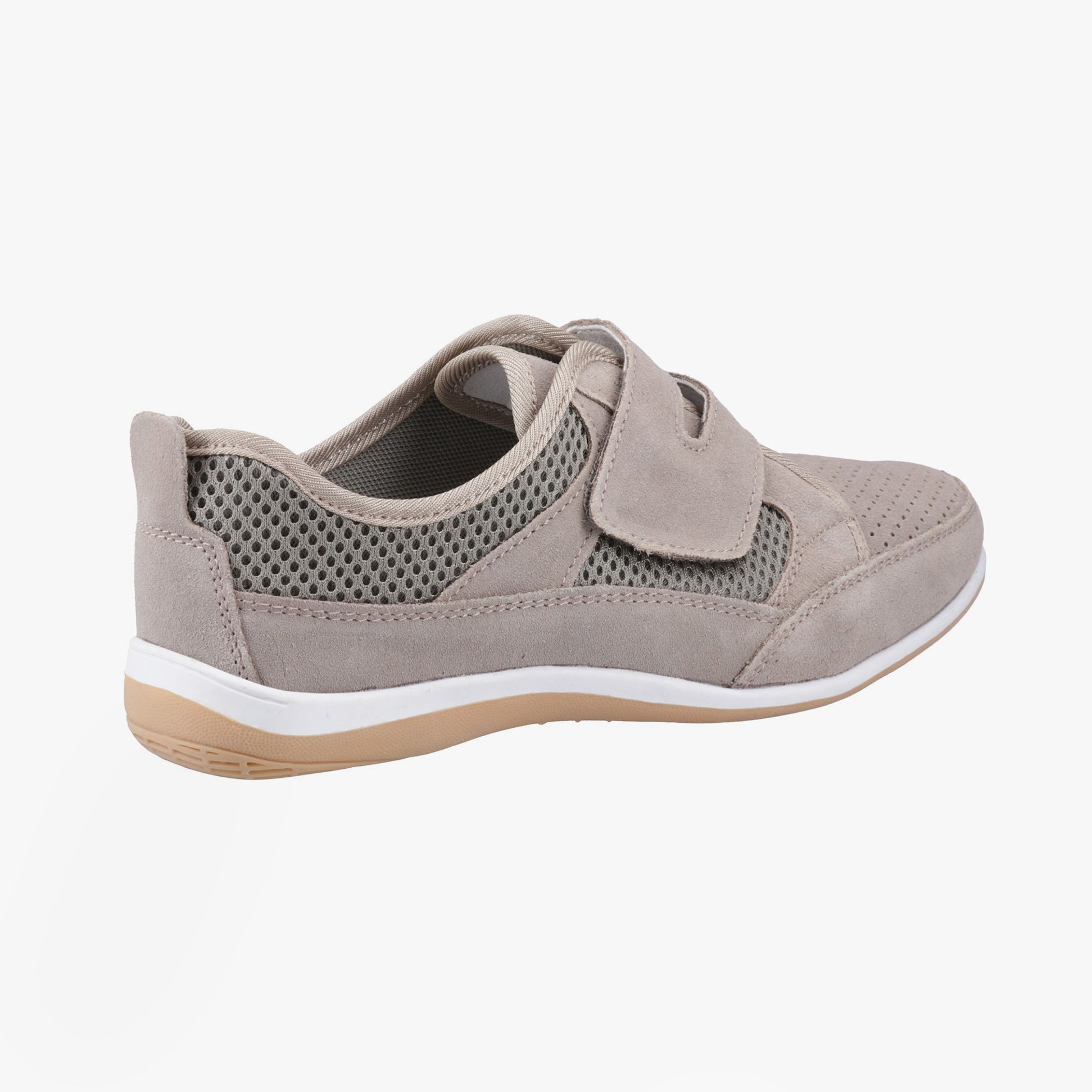 Fleet & Foster PAMELA Womens Shoes Taupe side view showing suede upper and touch fasten closure.