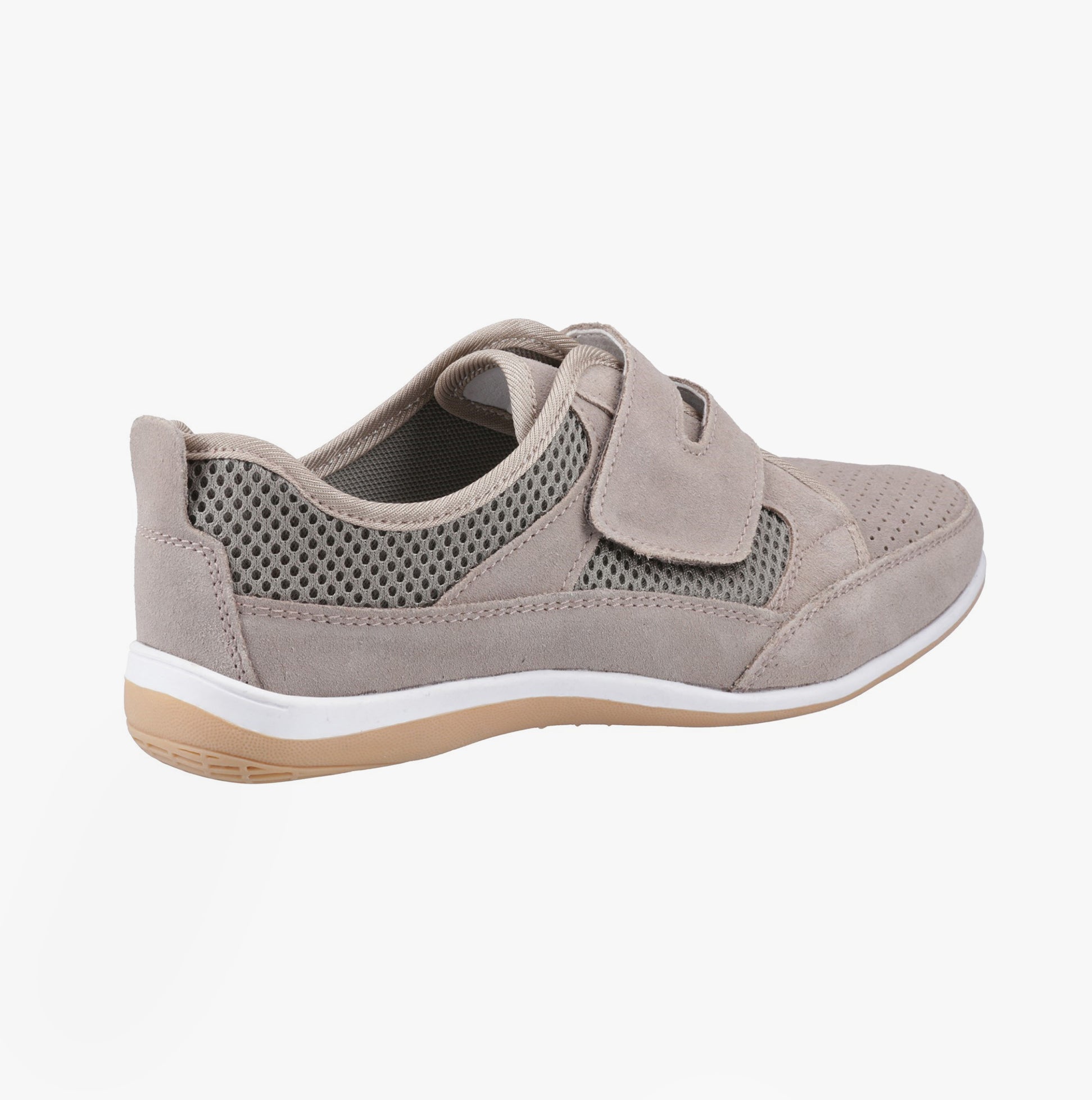 Fleet & Foster PAMELA Womens Shoes Taupe side view showing suede upper and touch fasten closure.