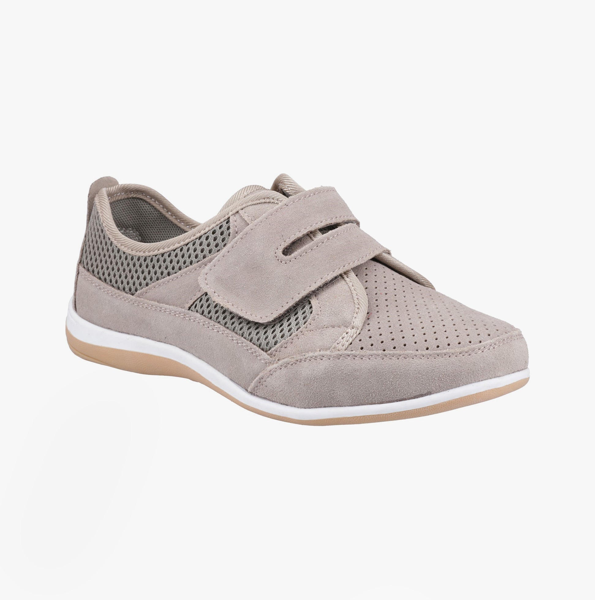 Fleet & Foster PAMELA Womens Shoes Taupe side view showing suede upper, touch fastening, and perforated detailing.