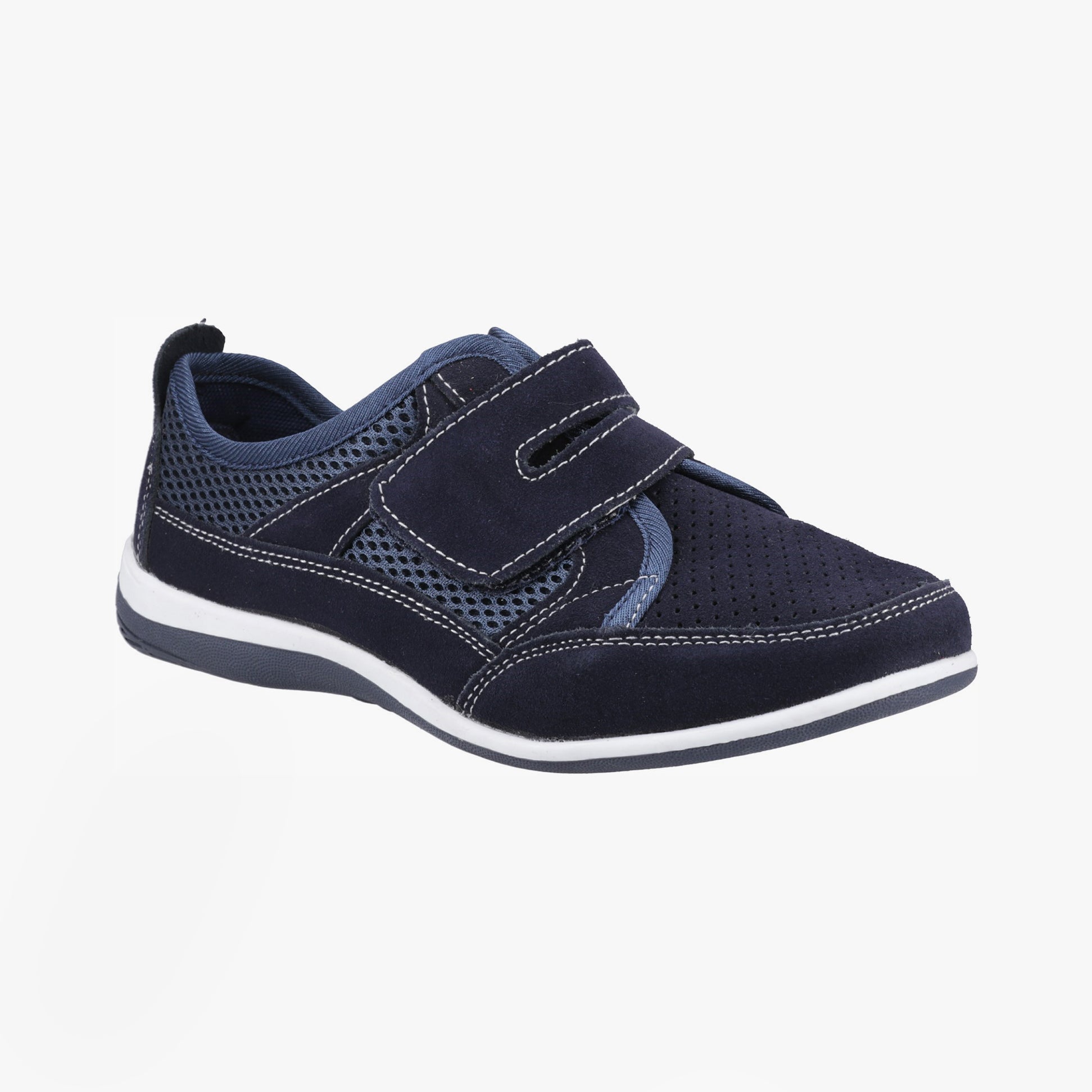 Fleet & Foster PAMELA Womens Shoes Navy side view showing casual suede design with touch fasten.