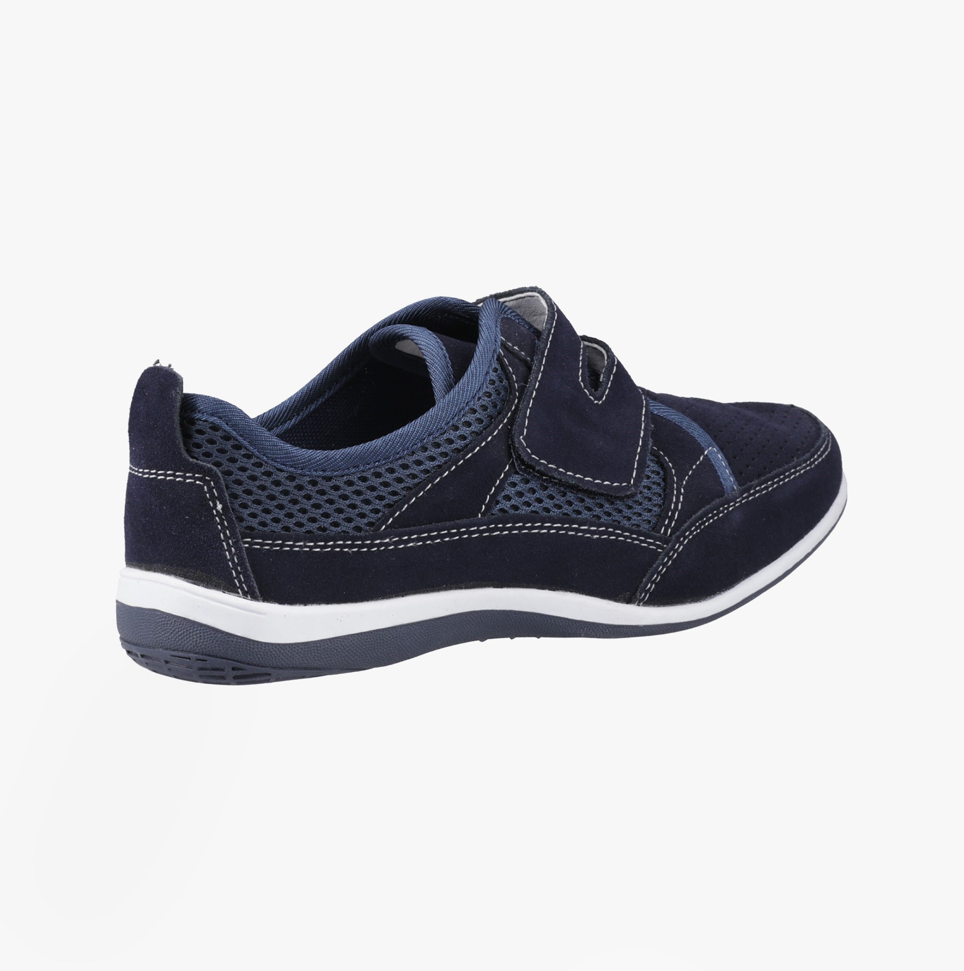 Fleet & Foster PAMELA Womens Shoes Navy side view showcasing suede upper and touch fasten closure.
