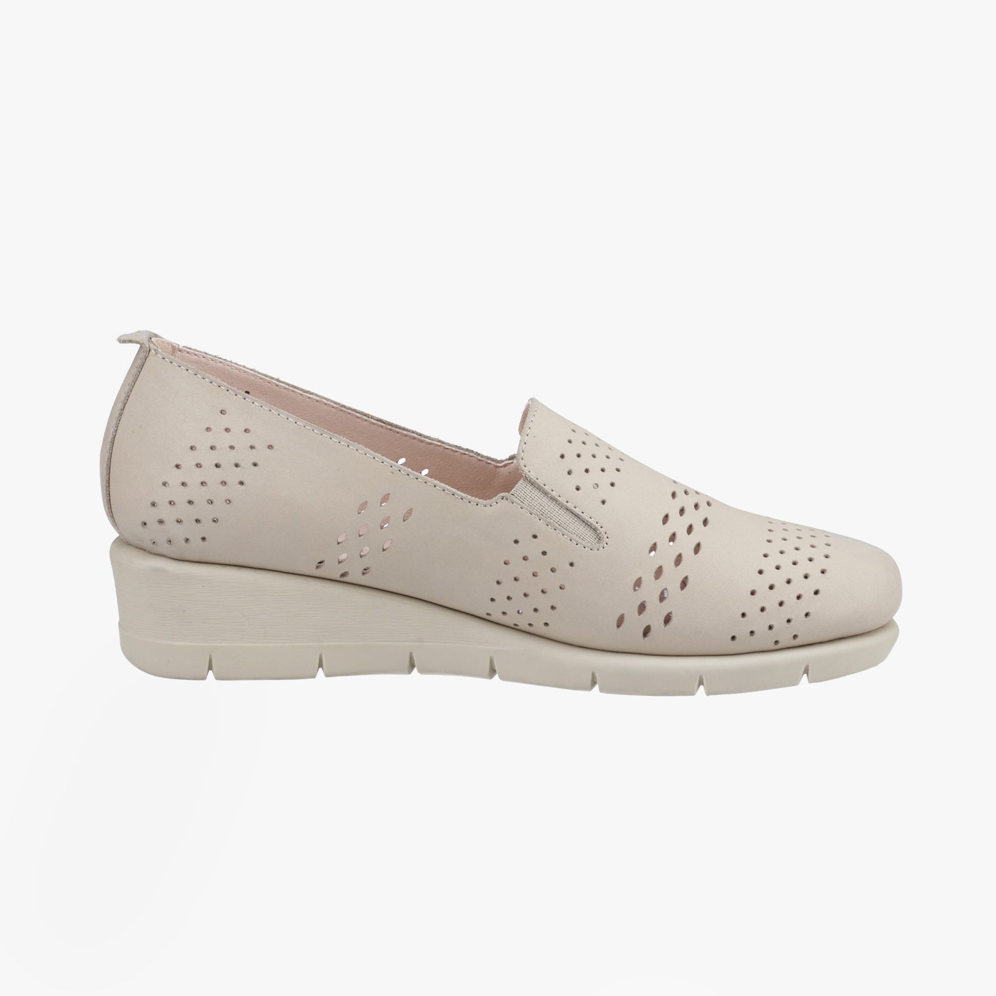 Fleet & Foster DINAH Womens Shoes Taupe side view with perforated details and wedge heel