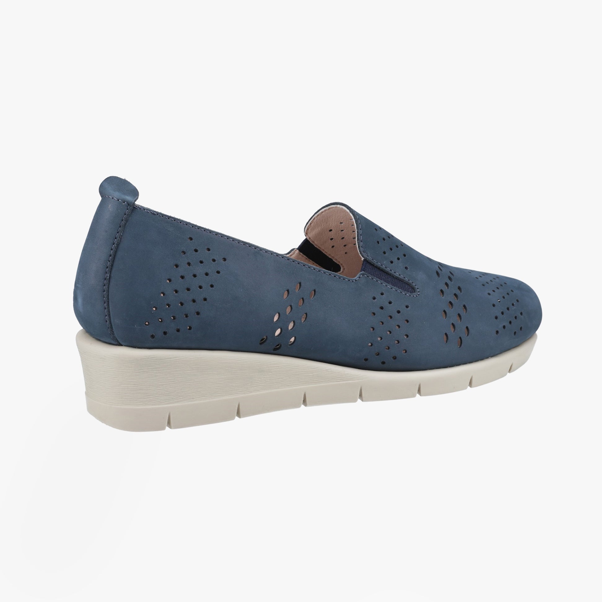 Fleet & Foster DINAH Womens Shoes Navy side view showing casual textile upper and wedge rubber sole.