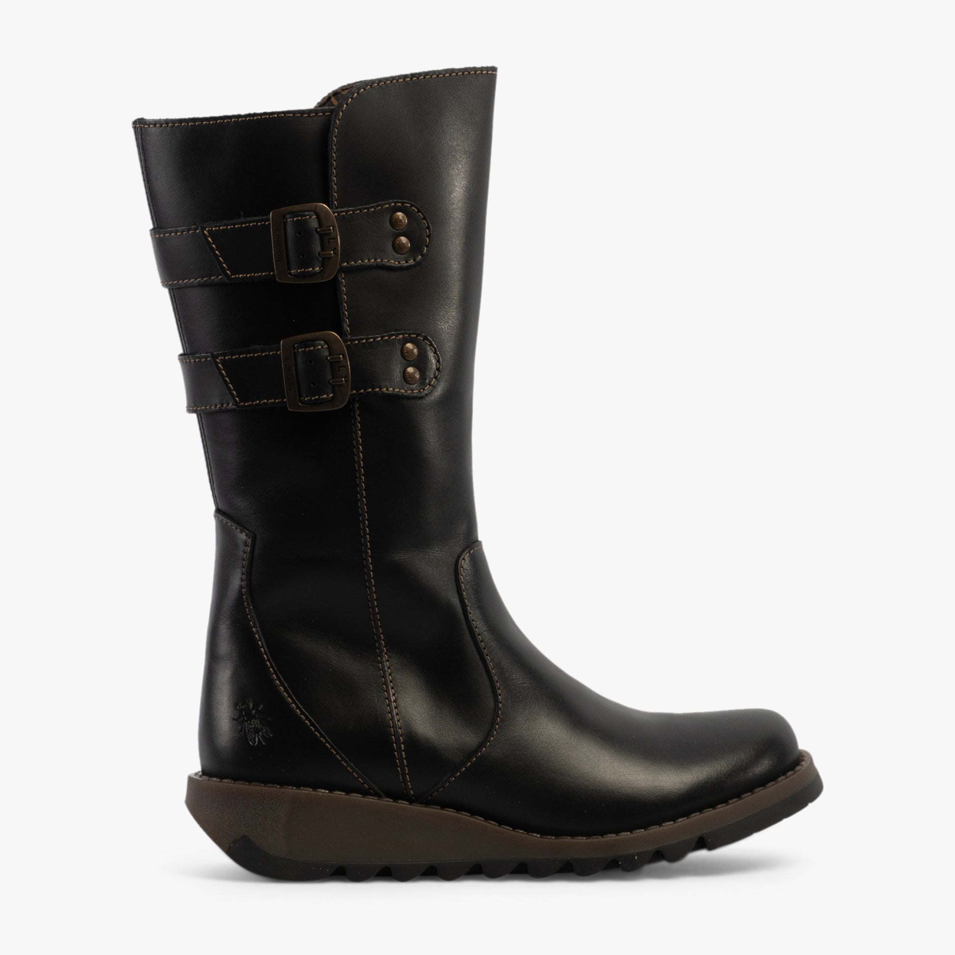 Fly London SULI Womens Boots Black side view showcasing tall leather design and buckle details.