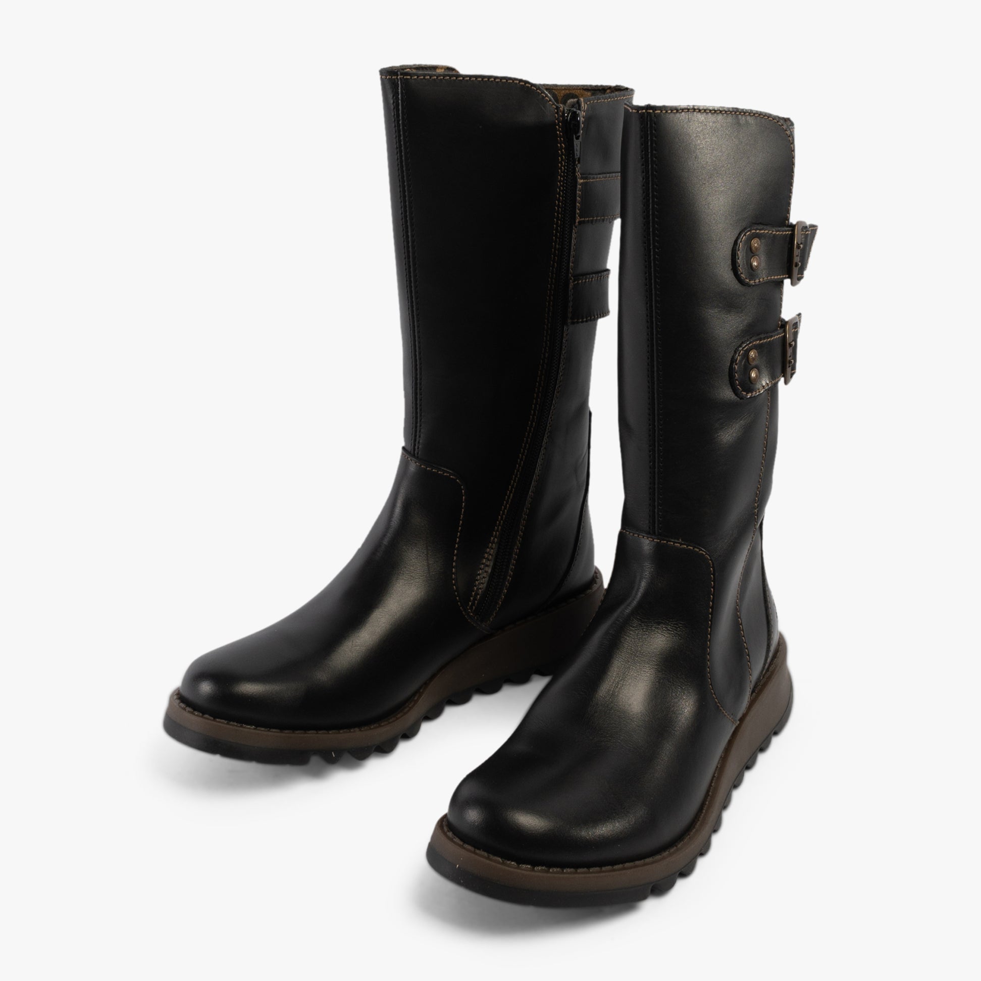Fly London SULI Womens Boots Black side view showcasing tall leather design with zip closure and buckle details.