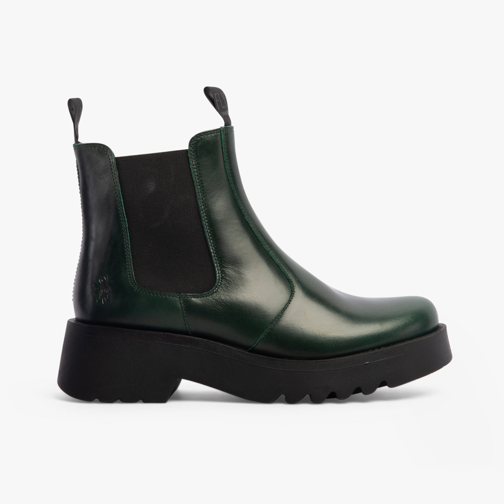 Fly London MEDI789FLY Womens Boots Petrol side view highlighting the leather upper and block heel design.