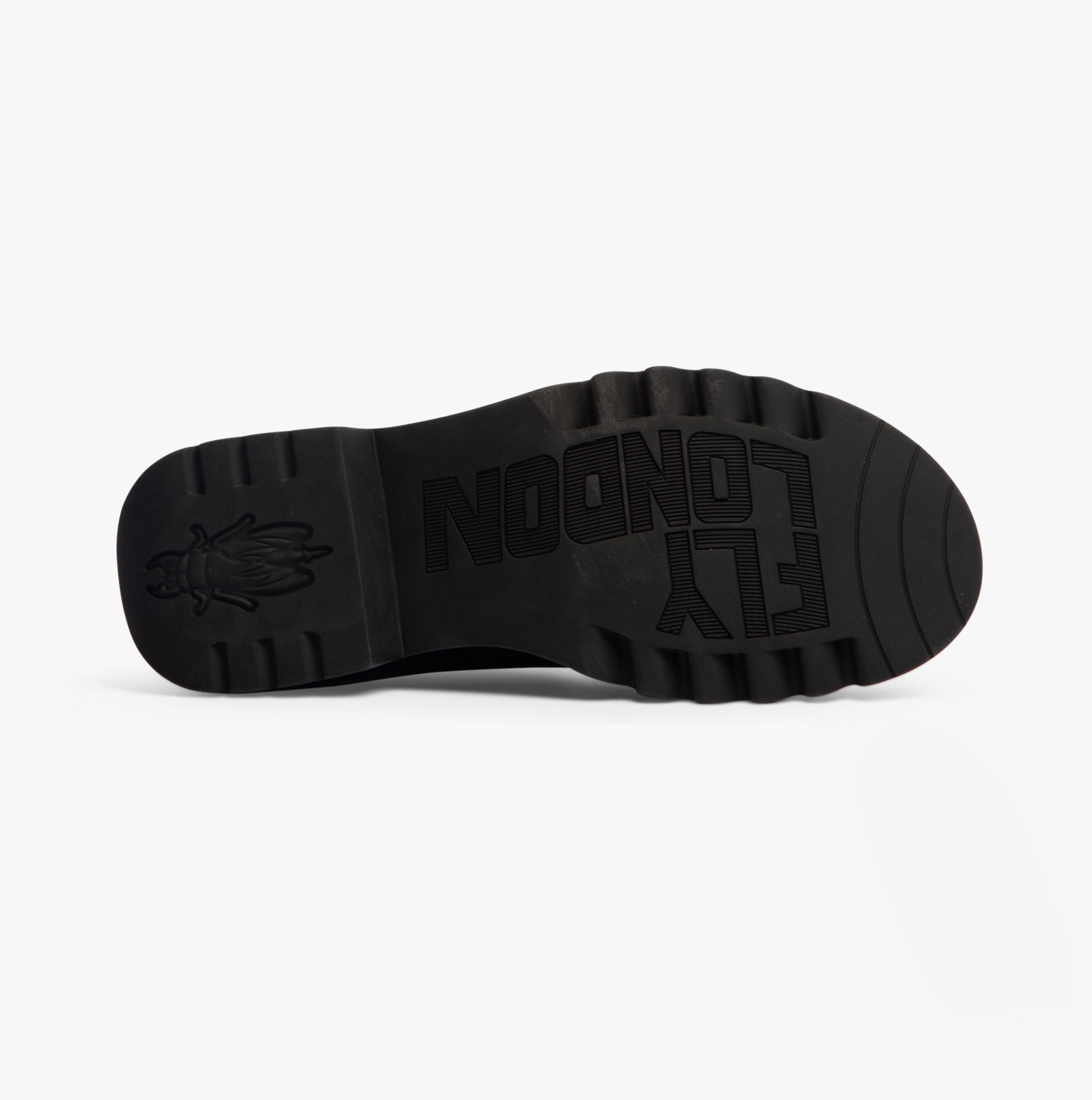 Fly London MEDI789FLY Womens Boots Petrol bottom view showcasing rubber sole with embossed logo.