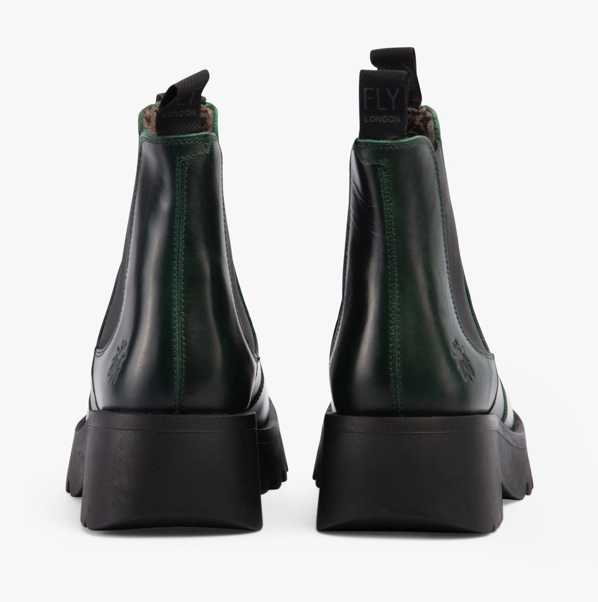 Fly London MEDI789FLY Womens Boots Petrol back view showcasing the leather upper and block heel detail.