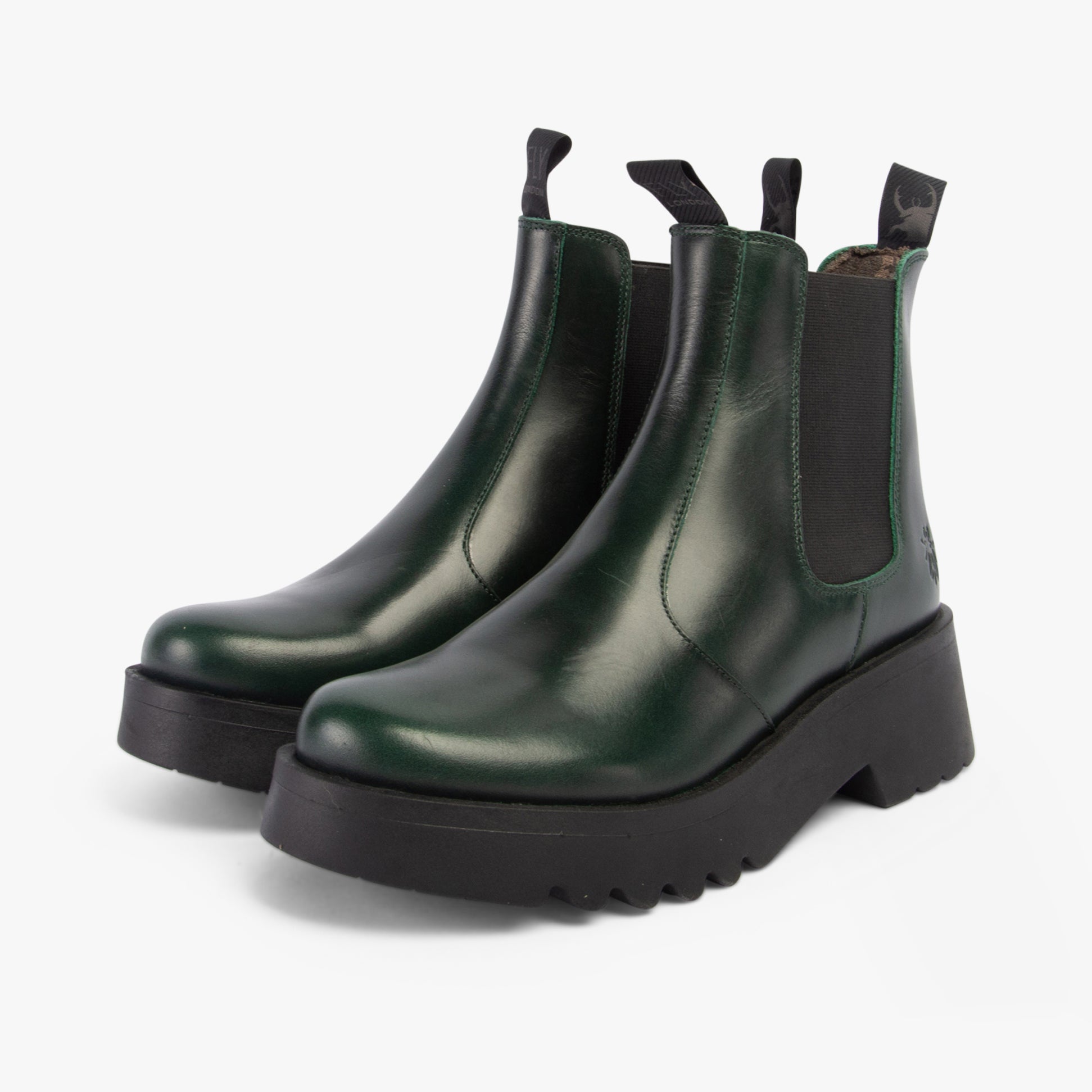 Fly London MEDI789FLY Womens Boots Petrol side view featuring leather upper, elasticated side panel, and block heel.