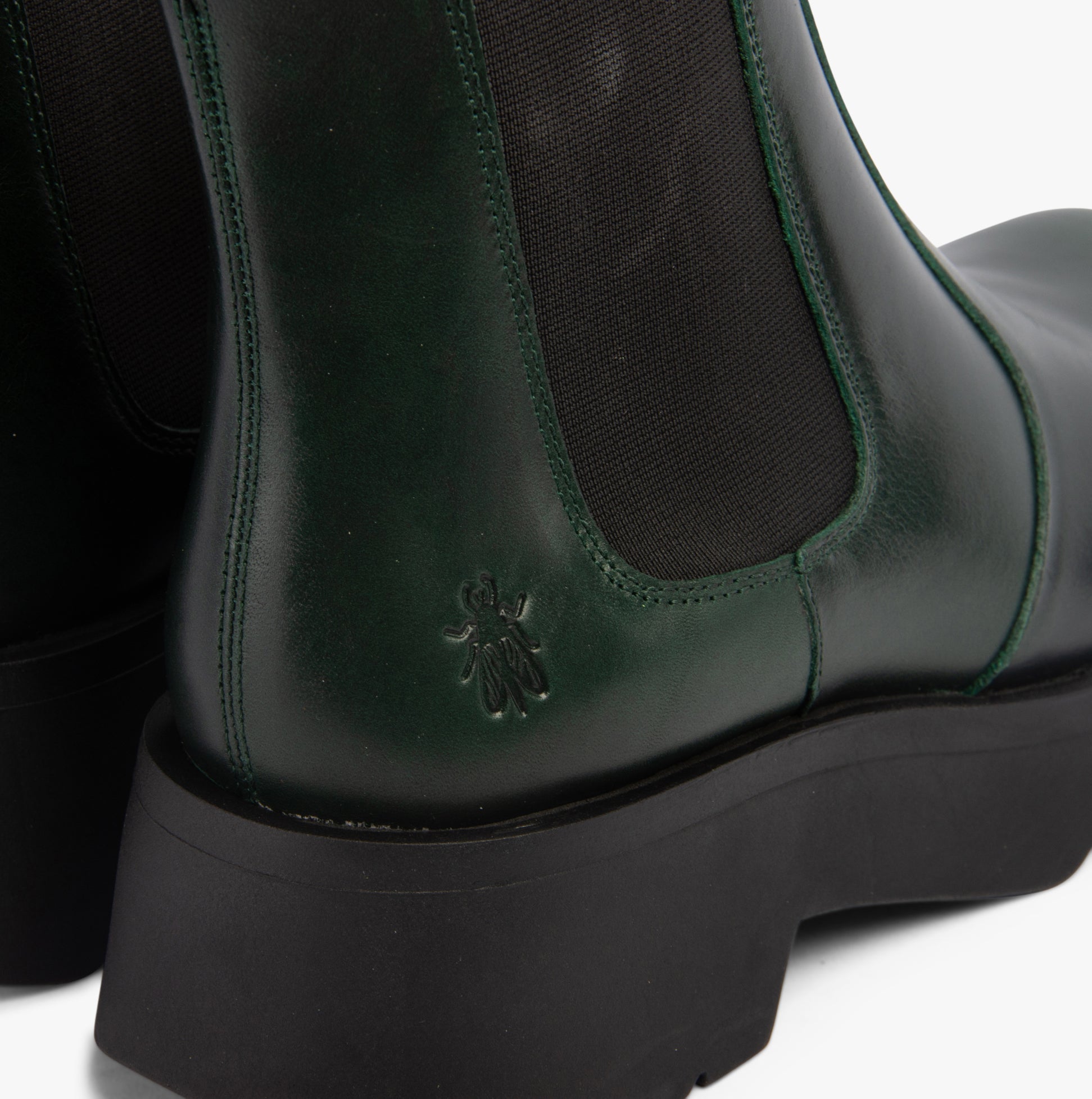 Fly London MEDI789FLY Womens Boots Petrol back detail view showcasing leather and elasticated side panel.
