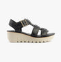 Fly London YUDD236FLY Womens Sandals Black side view showcasing leather upper, wedge heel, and buckle closure.