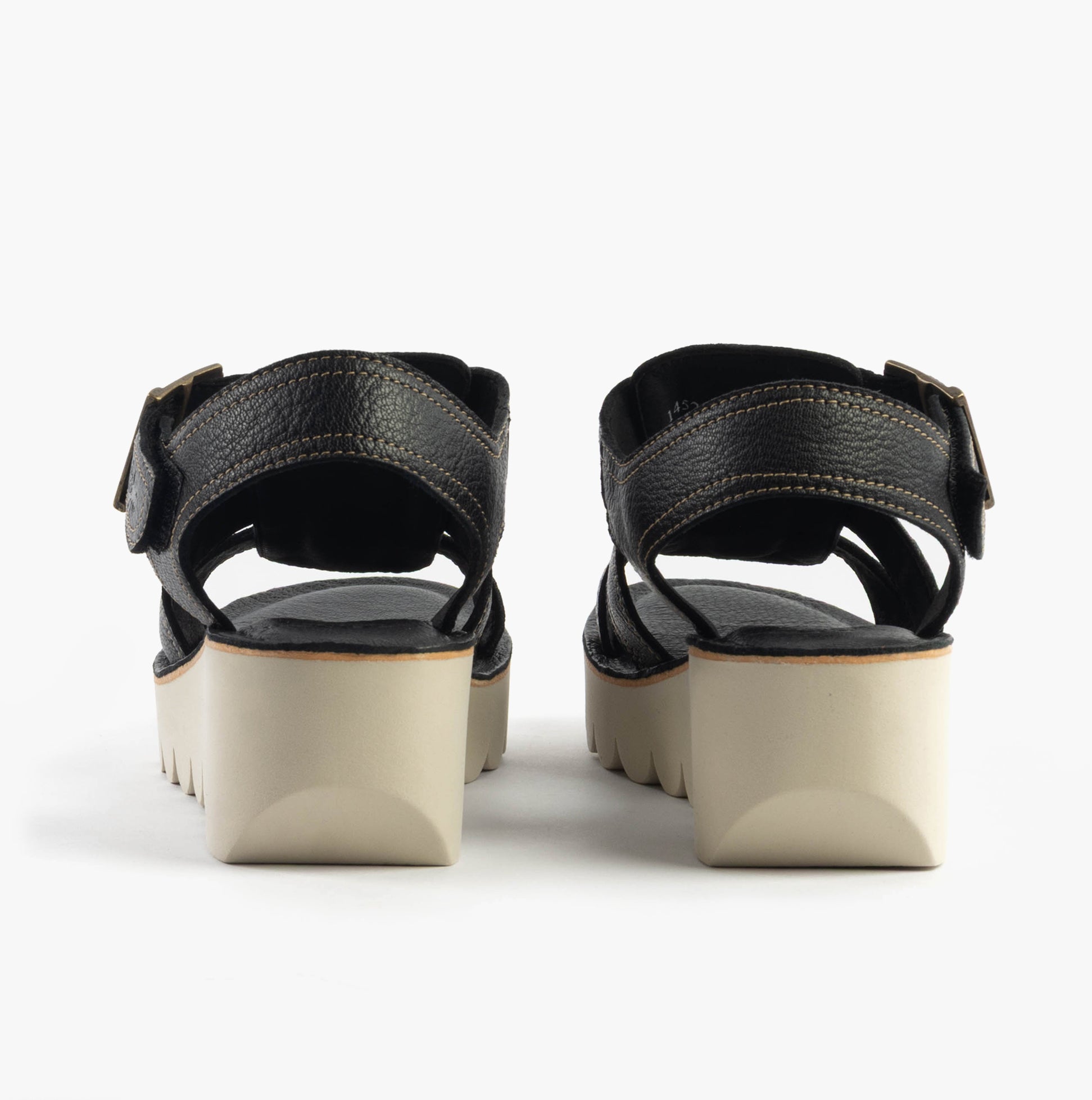 Fly London YUDD236FLY Womens Sandals Black back view with wedge heel and adjustable buckle fastenings.