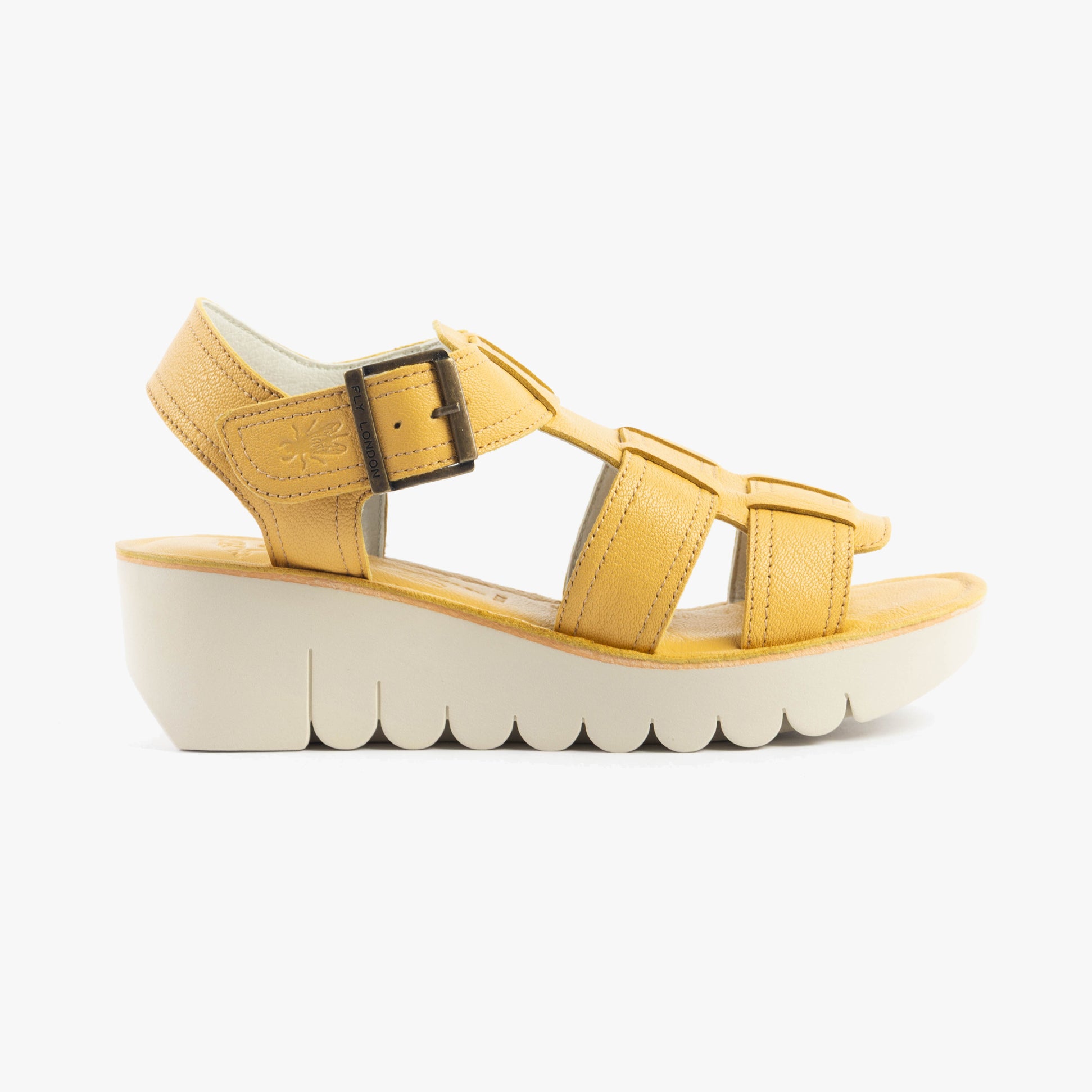 Fly London YUDD236FLY Womens Sandals Bumblebee side view showing leather upper and wedge heel.